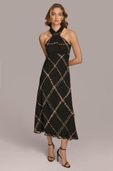 Donna Karan Dresses And Jumpsuits | Women CHIFFON HALTER MIDI DRESS Black/sand Multi