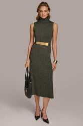 Donna Karan Dresses And Jumpsuits | Women MOCK NECK RIBBED DRESS WITH BELT Black/gold