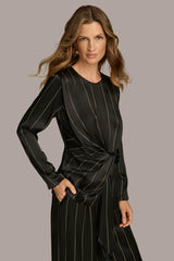 Donna Karan Sweaters And Tops | Women PINSTRIPE TIE WAIST TOP Black