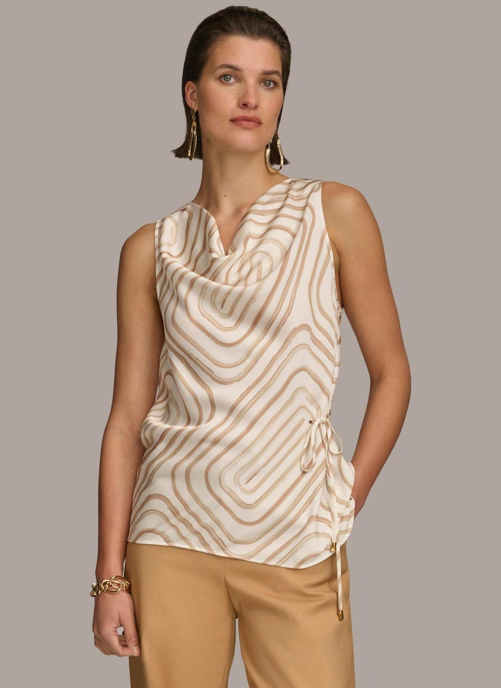 Donna Karan Sweaters And Tops | Women PRINT DRAPE NECK TOP Cream/fawn Multi