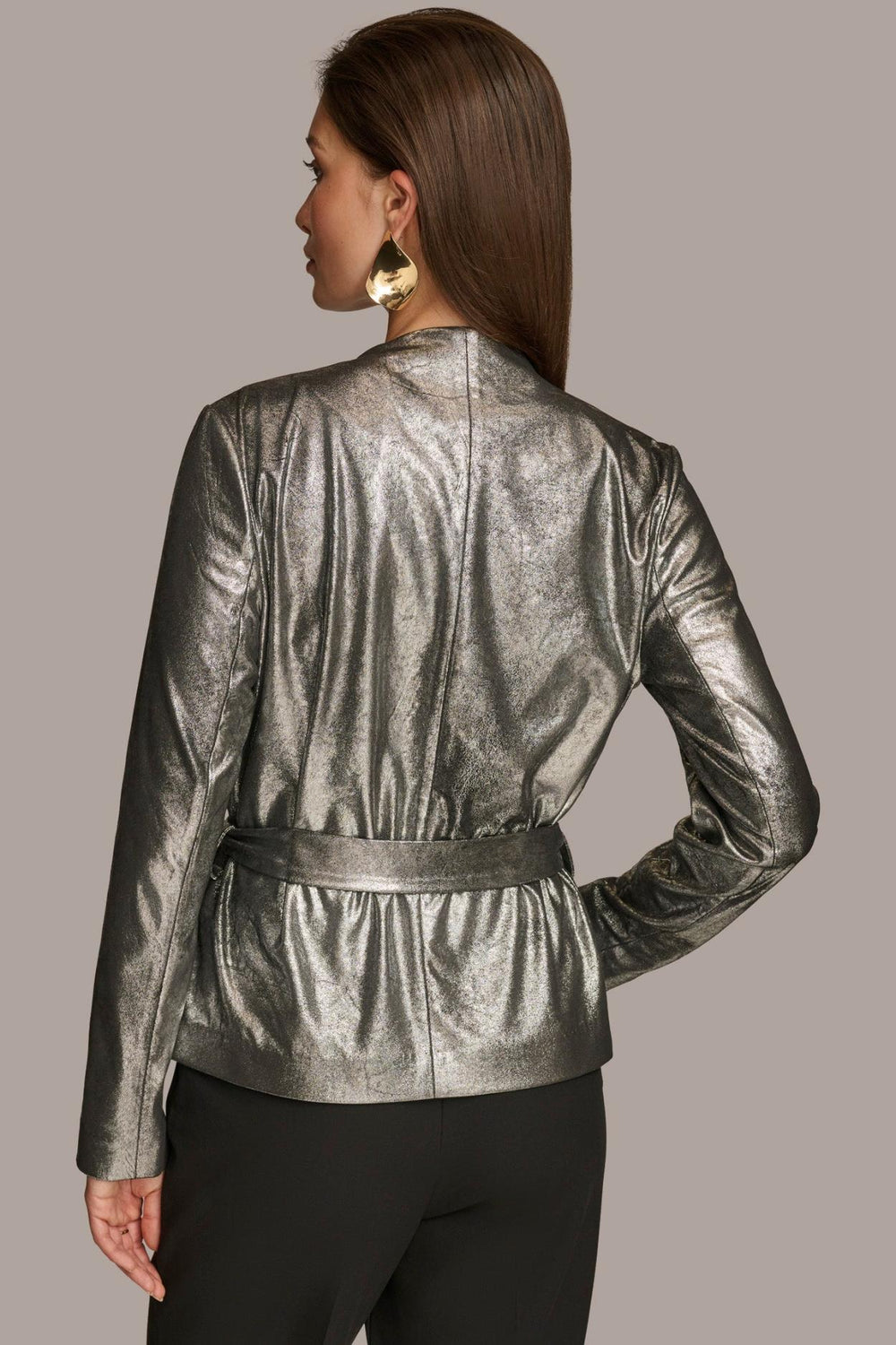 Donna Karan Blazers | Women BELTED METALLIC JACKET Silver/black