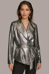 Donna Karan Blazers | Women BELTED METALLIC JACKET Silver/black