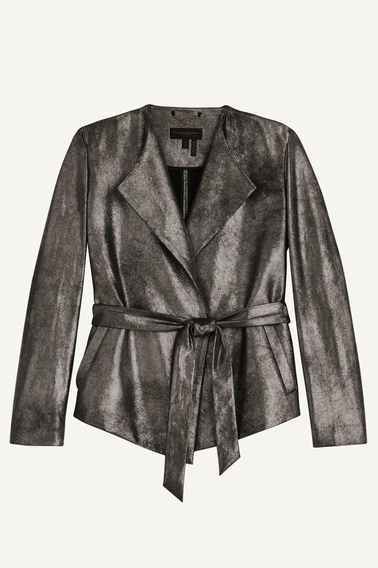 Donna Karan Blazers | Women BELTED METALLIC JACKET Silver/black