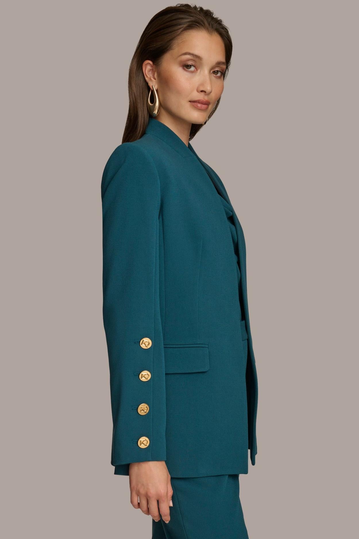 Donna Karan Blazers | Women COLLARLESS JACKET WITH BUTTON DETAIL ON SLEEVE Peacock