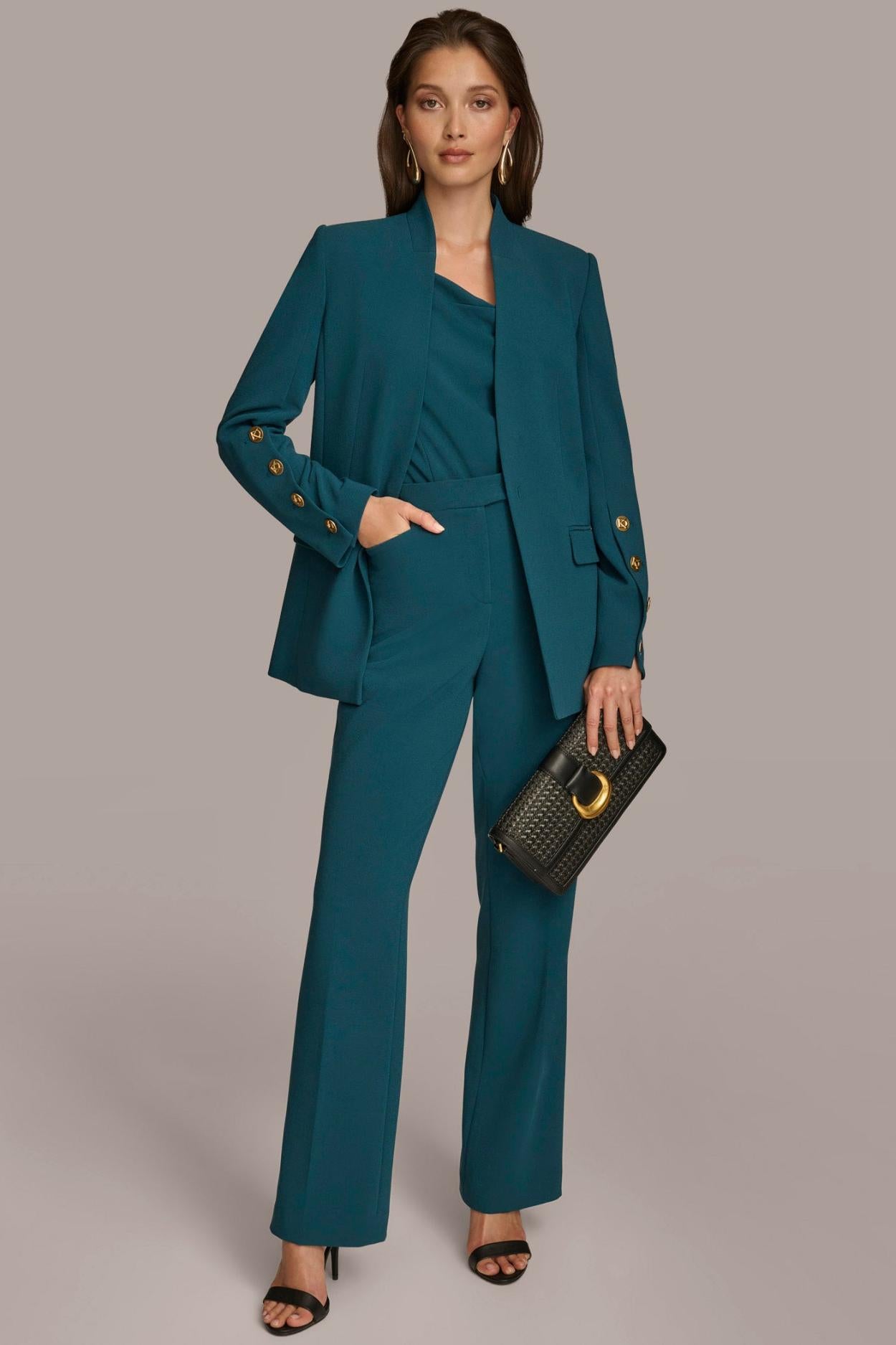Donna Karan Blazers | Women COLLARLESS JACKET WITH BUTTON DETAIL ON SLEEVE Peacock