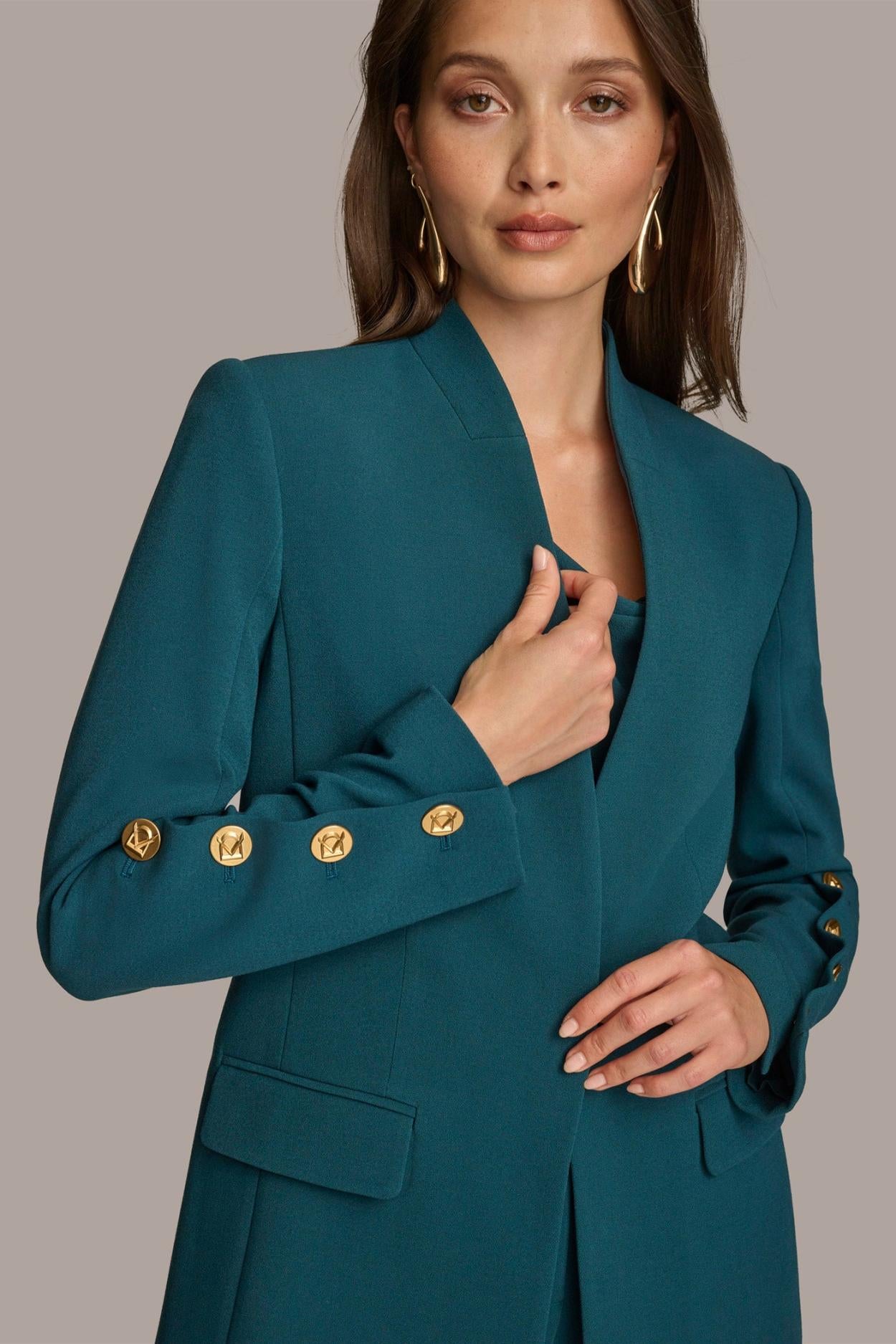 Donna Karan Blazers | Women COLLARLESS JACKET WITH BUTTON DETAIL ON SLEEVE Peacock