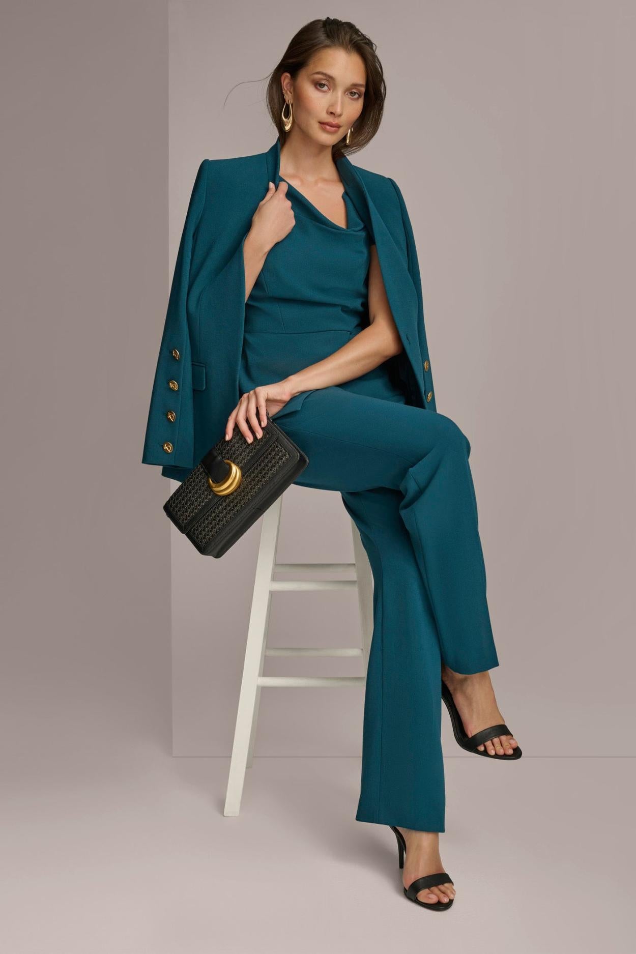 Donna Karan Blazers | Women COLLARLESS JACKET WITH BUTTON DETAIL ON SLEEVE Peacock