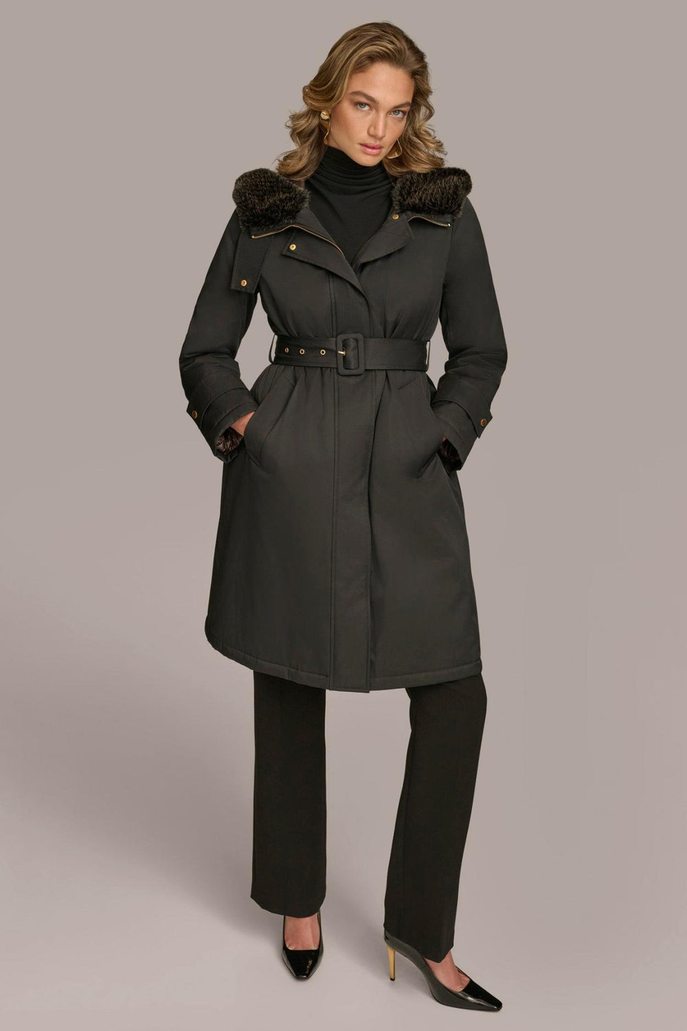 Donna Karan Coats And Jackets | Women FAUX FUR TRIM LINED RAIN COAT Black