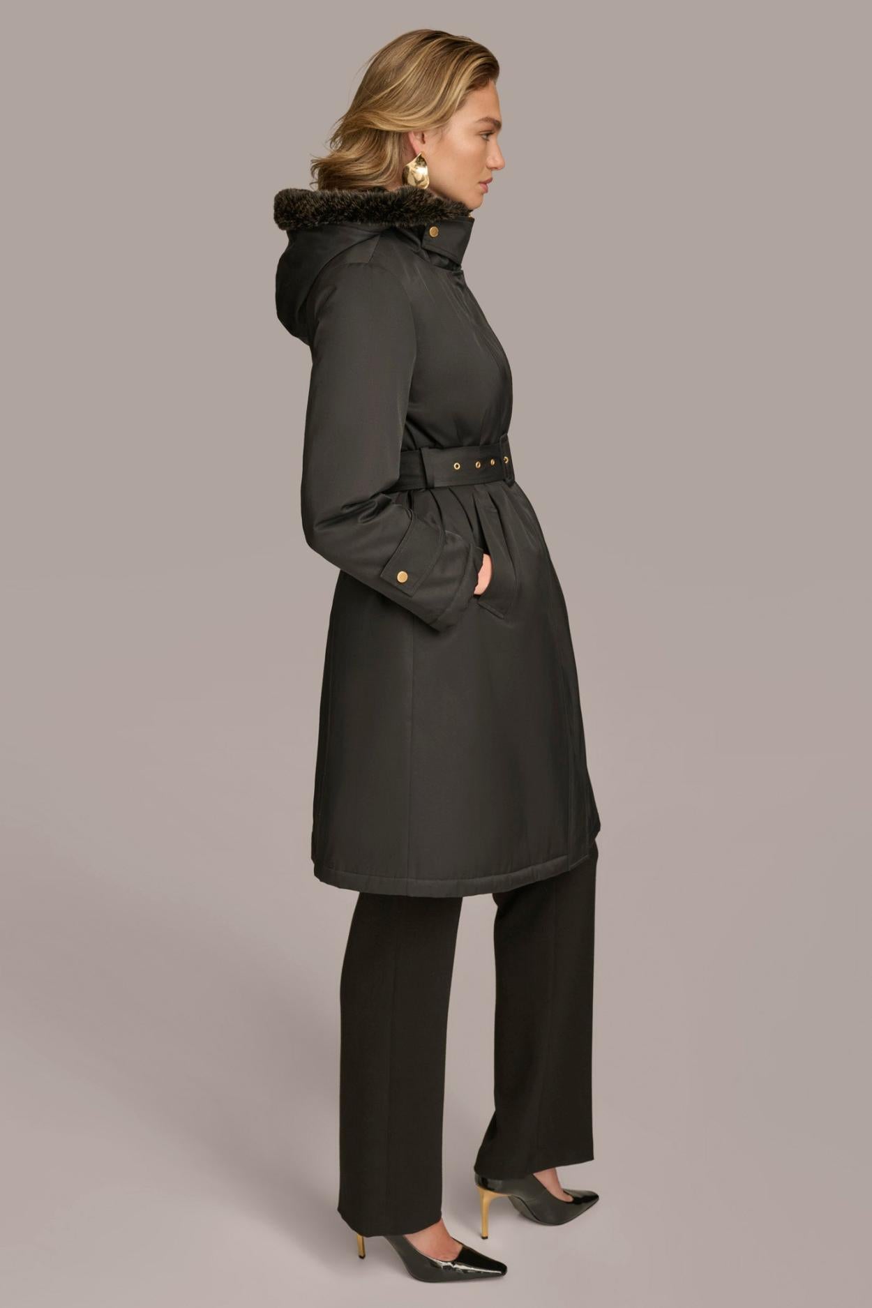 Donna Karan Coats And Jackets | Women FAUX FUR TRIM LINED RAIN COAT Black