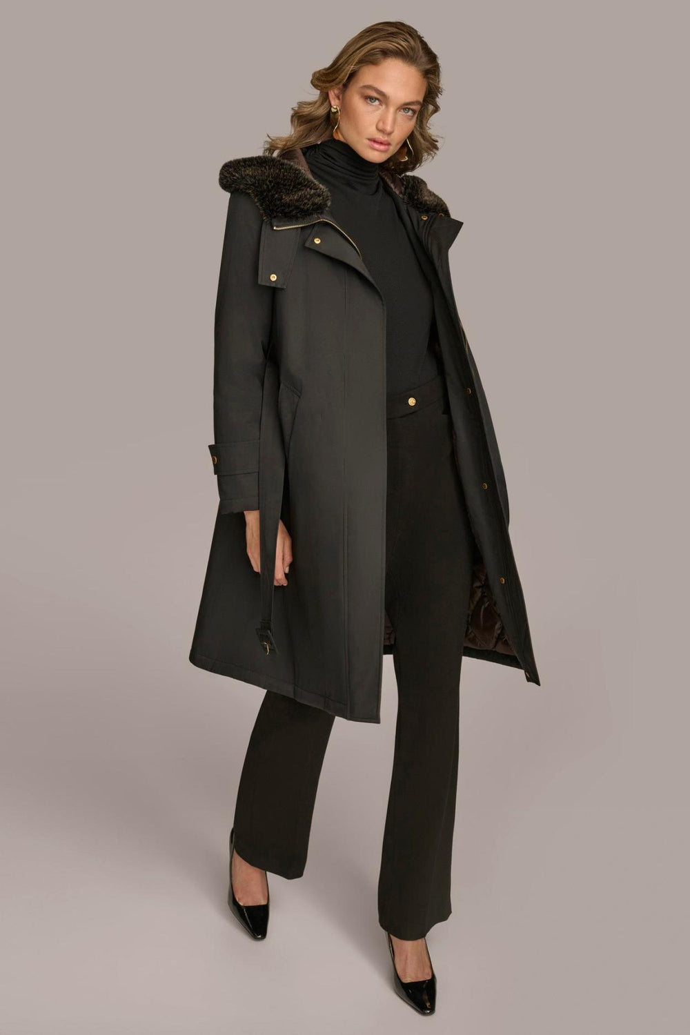 Donna Karan Coats And Jackets | Women FAUX FUR TRIM LINED RAIN COAT Black