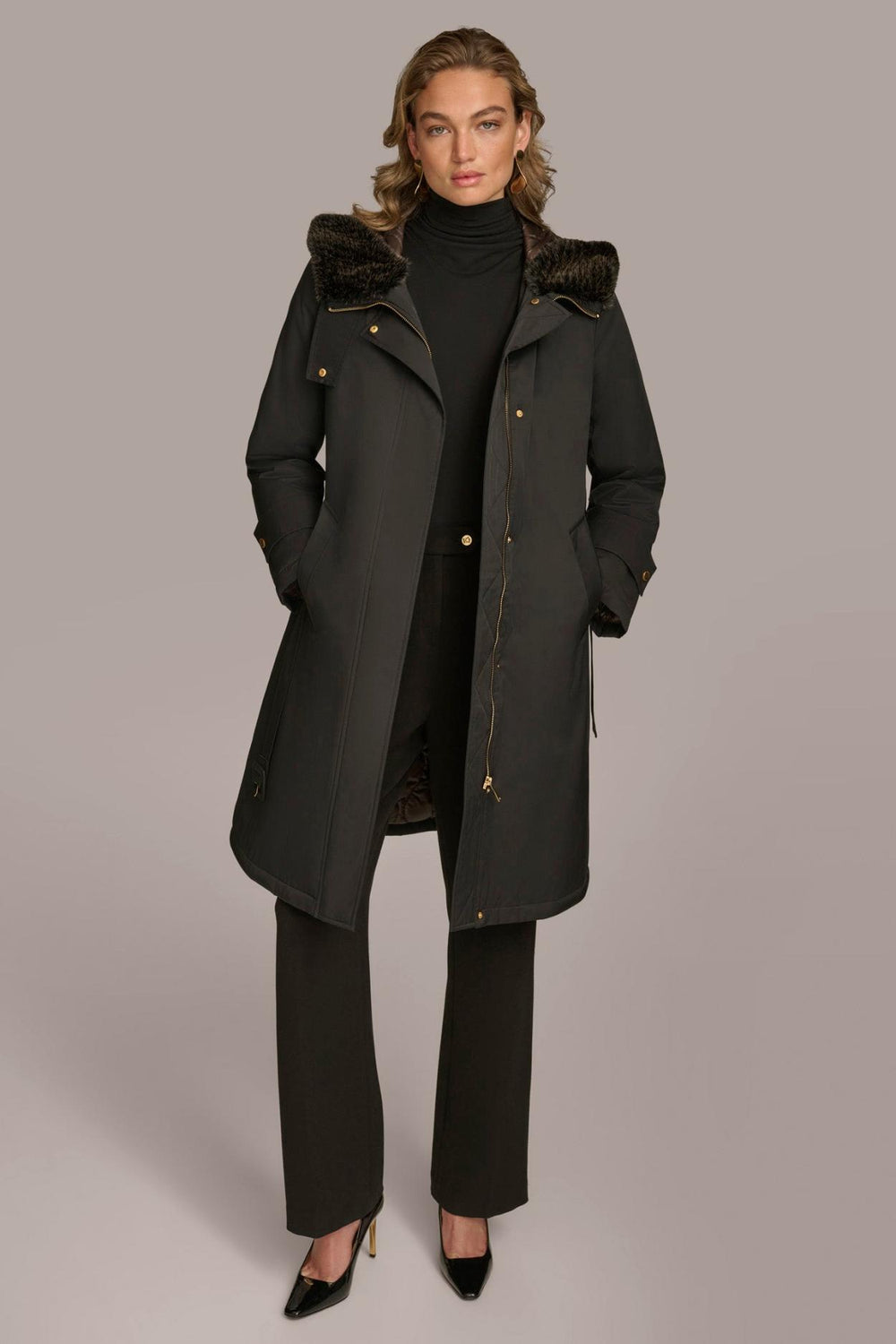 Donna Karan Coats And Jackets | Women FAUX FUR TRIM LINED RAIN COAT Black