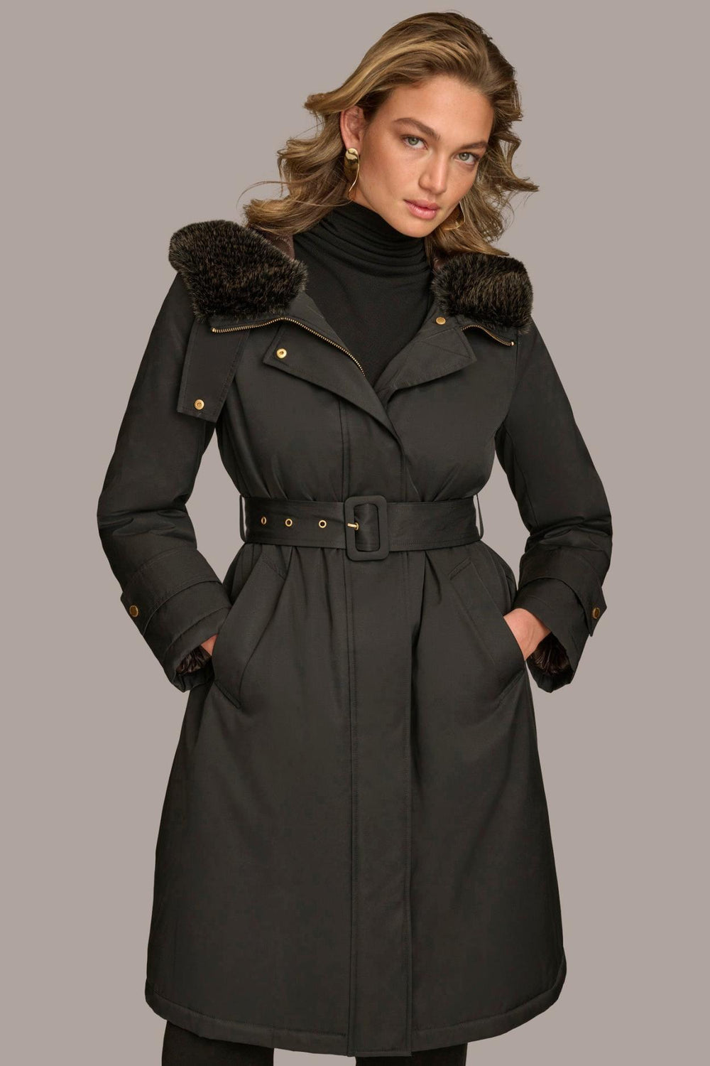 Donna Karan Coats And Jackets | Women FAUX FUR TRIM LINED RAIN COAT Black