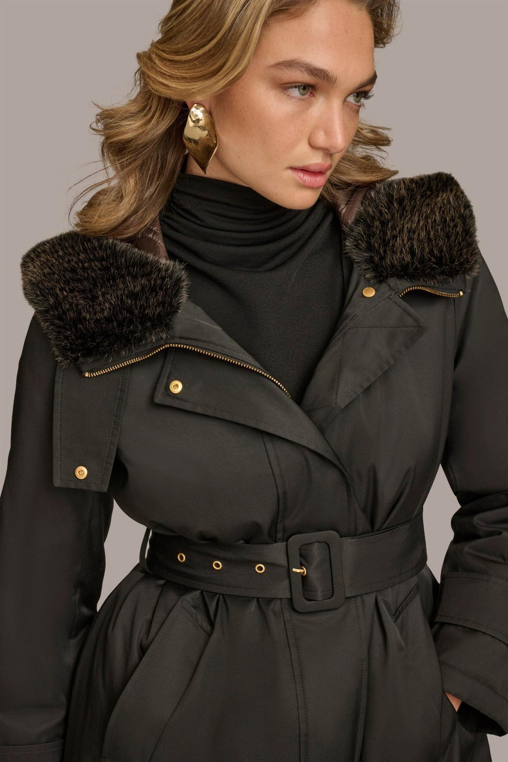 Donna Karan Coats And Jackets | Women FAUX FUR TRIM LINED RAIN COAT Black