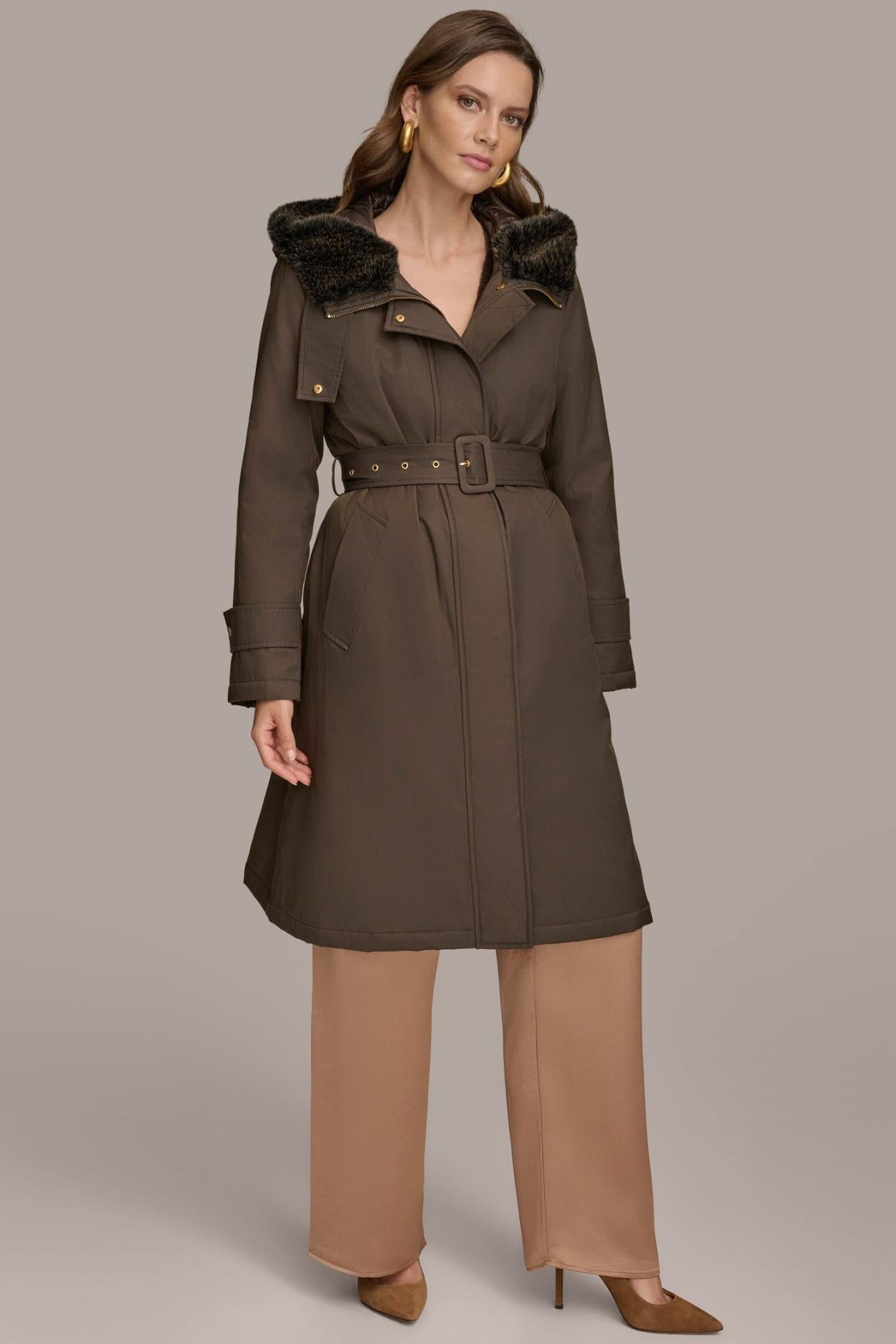Donna Karan Coats And Jackets | Women FAUX FUR TRIM LINED RAIN COAT Brown