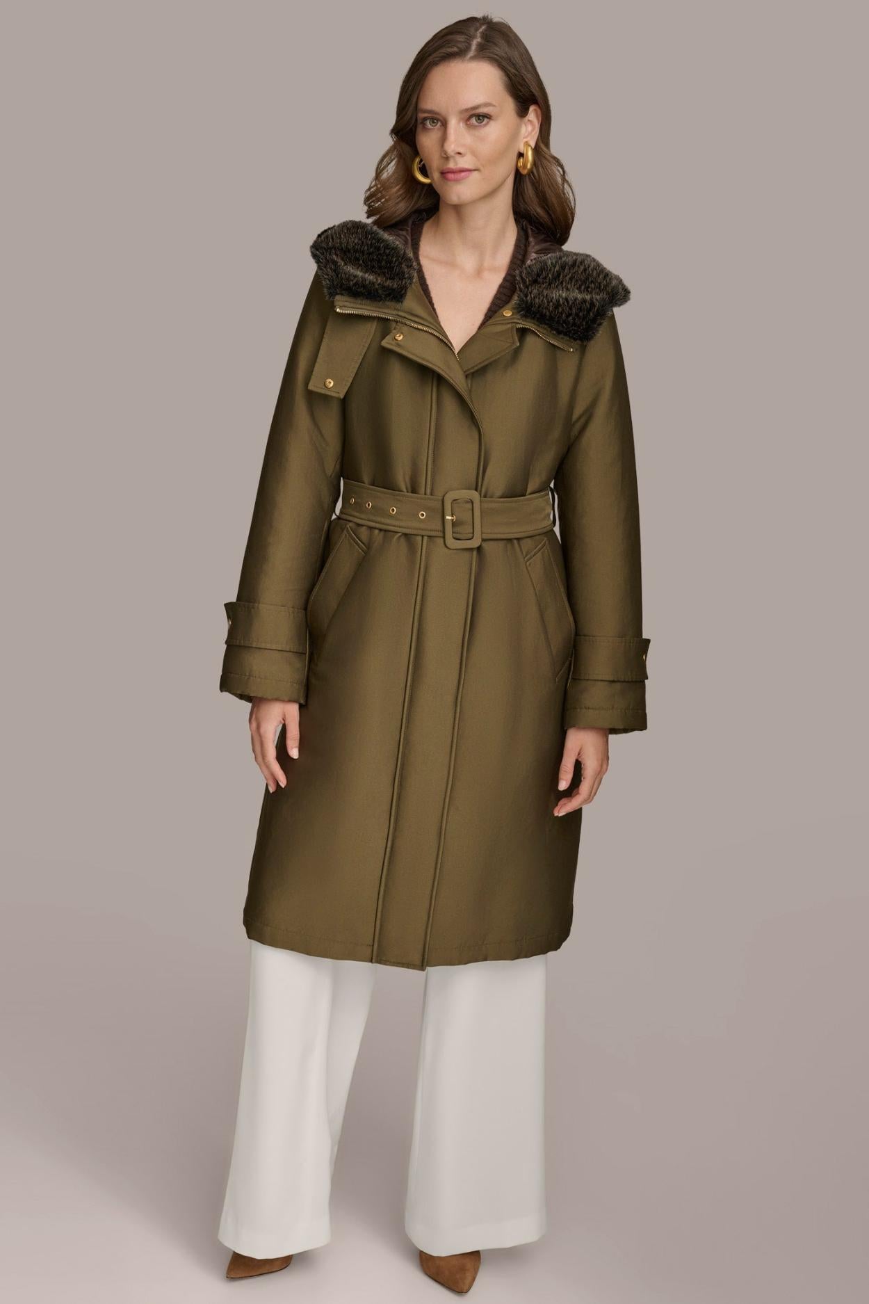 Donna Karan Coats And Jackets | Women FAUX FUR TRIM LINED RAIN COAT Green