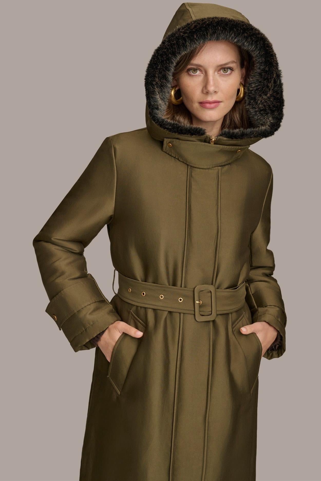 Donna Karan Coats And Jackets | Women FAUX FUR TRIM LINED RAIN COAT Green