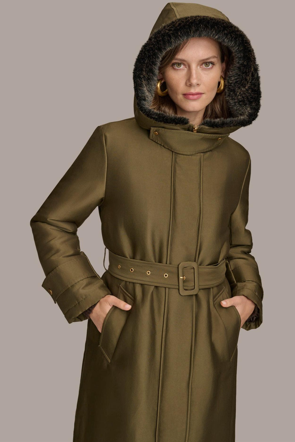 Donna Karan Coats And Jackets | Women FAUX FUR TRIM LINED RAIN COAT Green