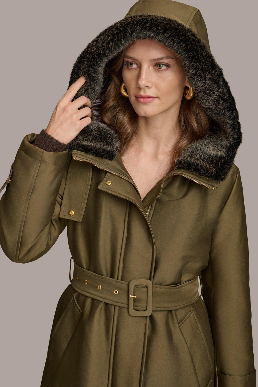 Donna Karan Coats And Jackets | Women FAUX FUR TRIM LINED RAIN COAT Green