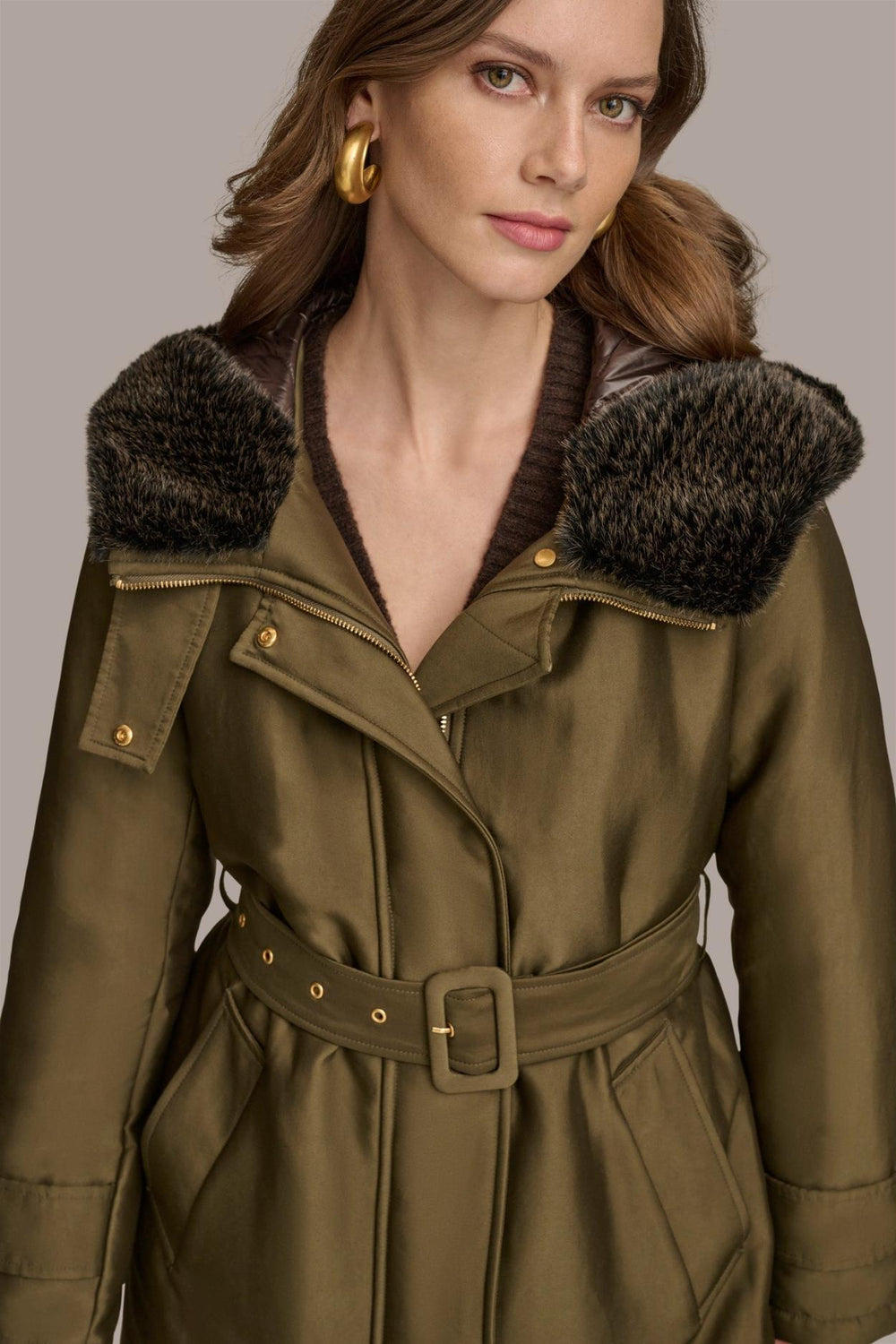 Donna Karan Coats And Jackets | Women FAUX FUR TRIM LINED RAIN COAT Green