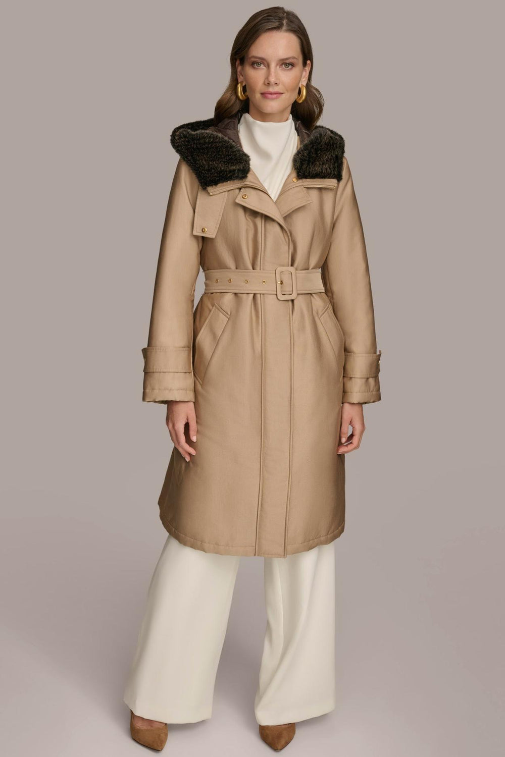 Donna Karan Coats And Jackets | Women FAUX FUR TRIM LINED RAIN COAT Khaki