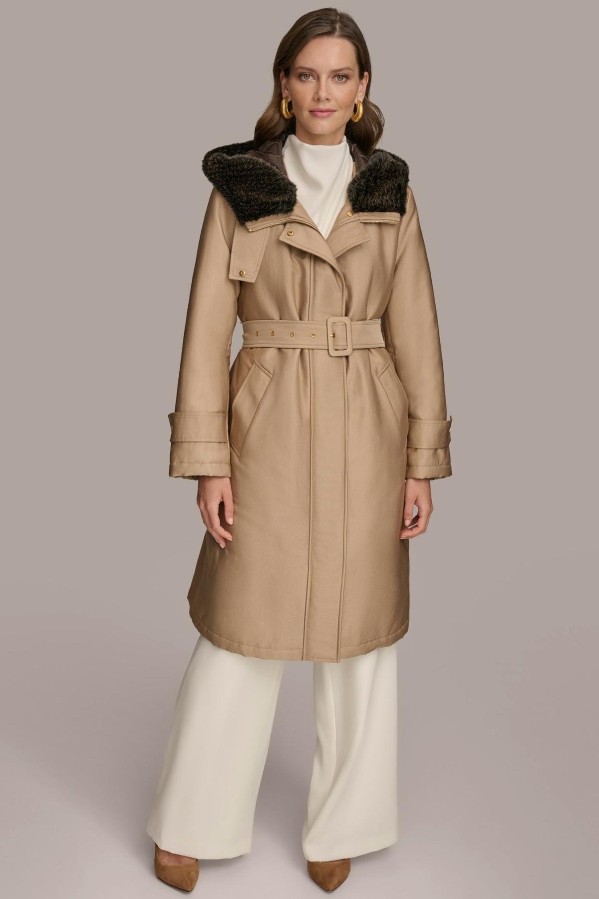 Donna Karan Coats And Jackets | Women FAUX FUR TRIM LINED RAIN COAT Khaki