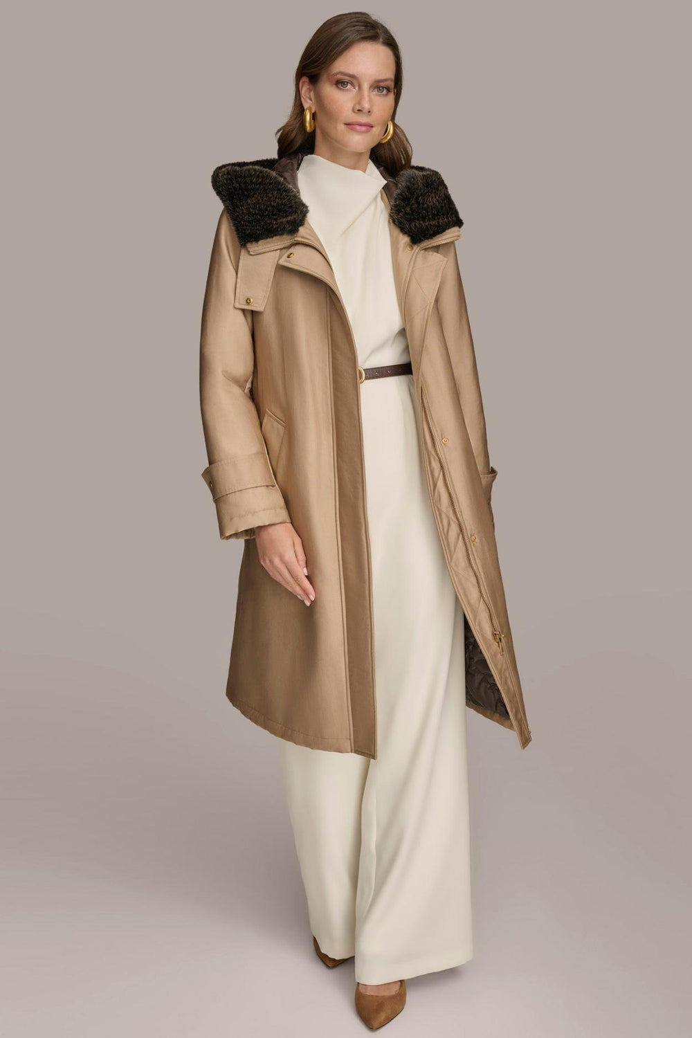 Donna Karan Coats And Jackets | Women FAUX FUR TRIM LINED RAIN COAT Khaki
