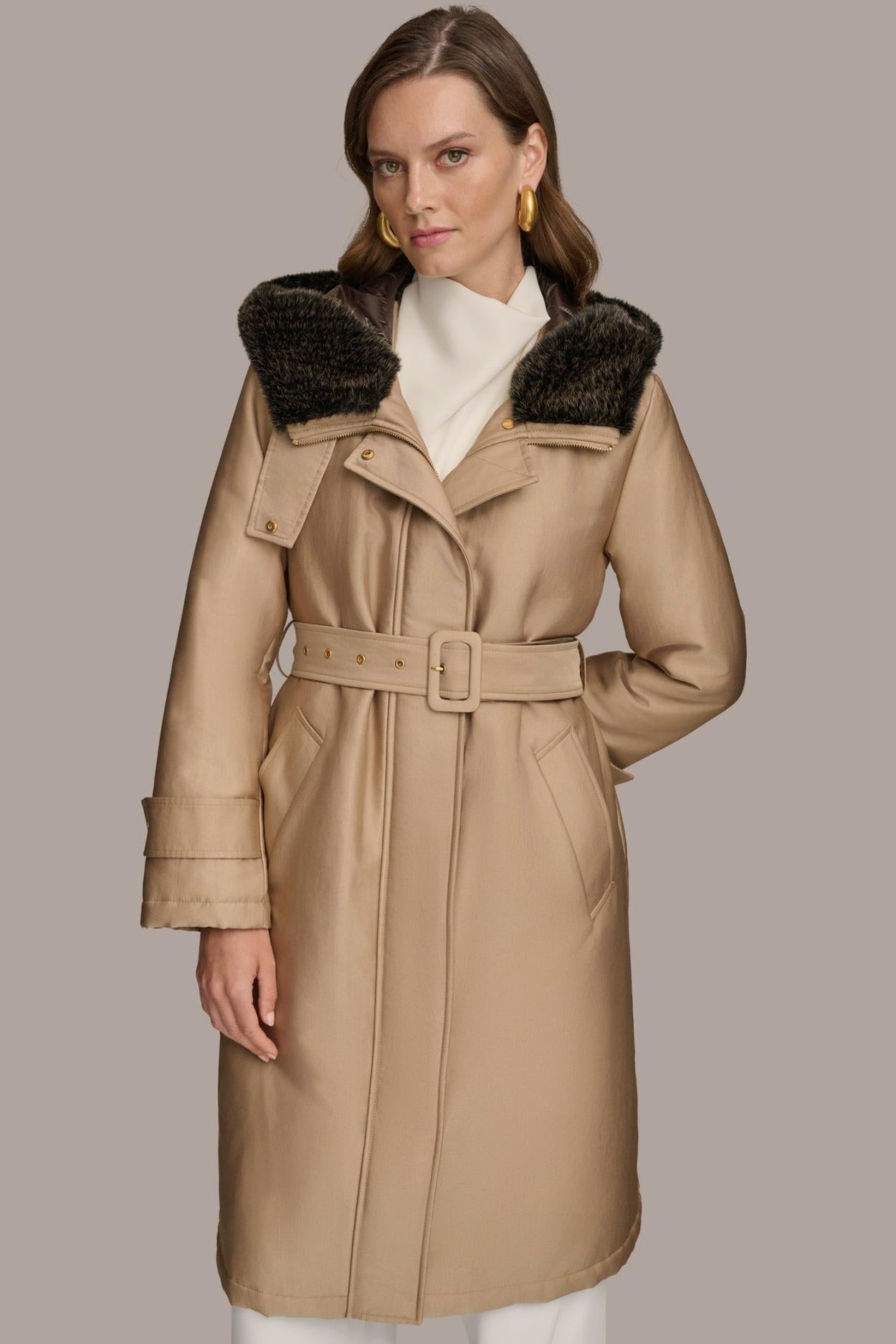 Donna Karan Coats And Jackets | Women FAUX FUR TRIM LINED RAIN COAT Khaki