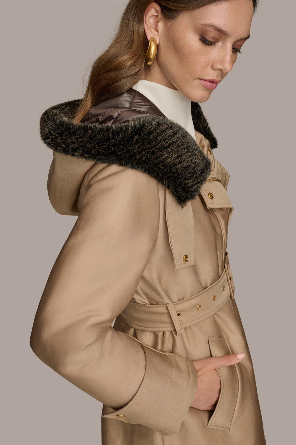 Donna Karan Coats And Jackets | Women FAUX FUR TRIM LINED RAIN COAT Khaki