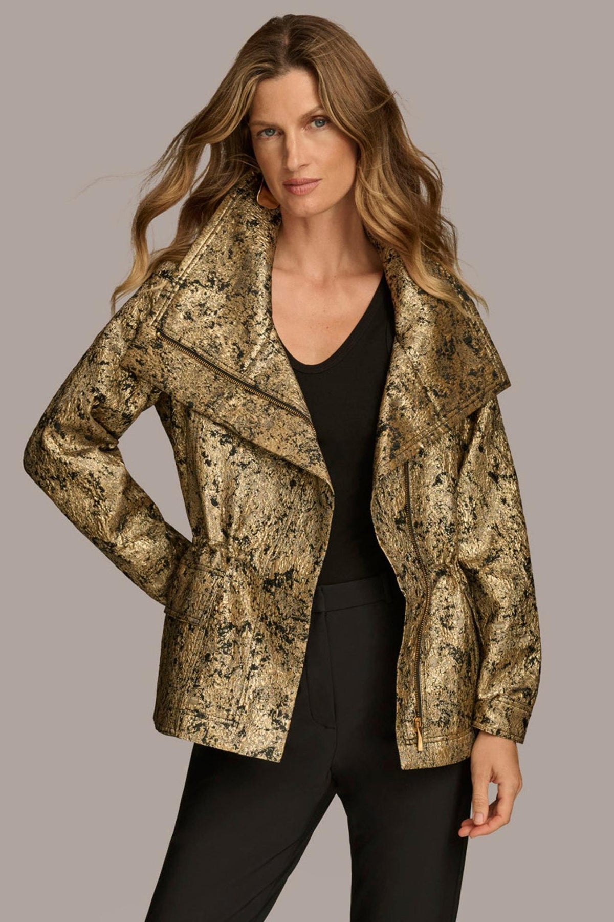 Donna Karan Coats And Jackets | Women METALLIC JACQUARD ZIP FRONT JACKET Black/gold Combo