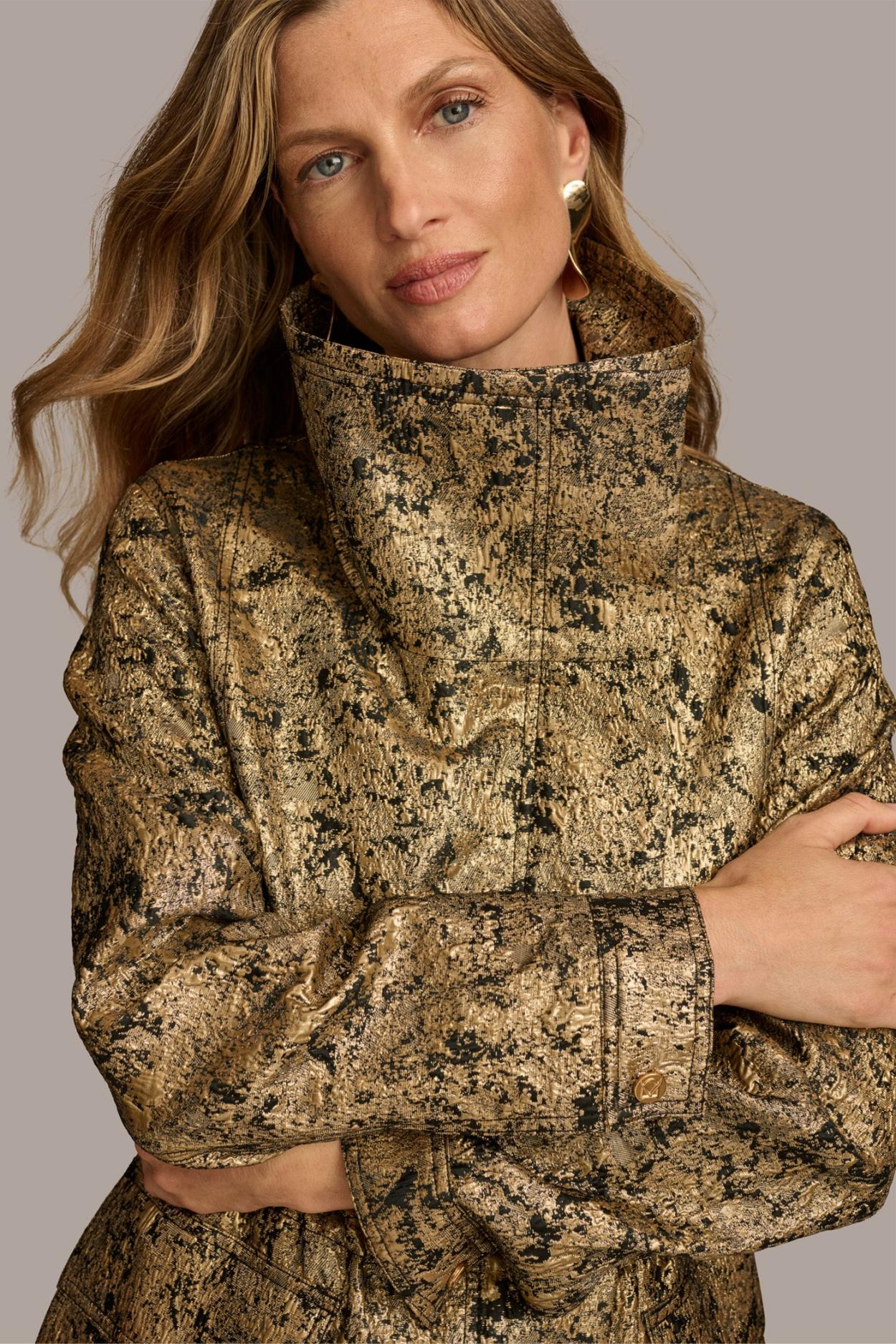Donna Karan Coats And Jackets | Women METALLIC JACQUARD ZIP FRONT JACKET Black/gold Combo