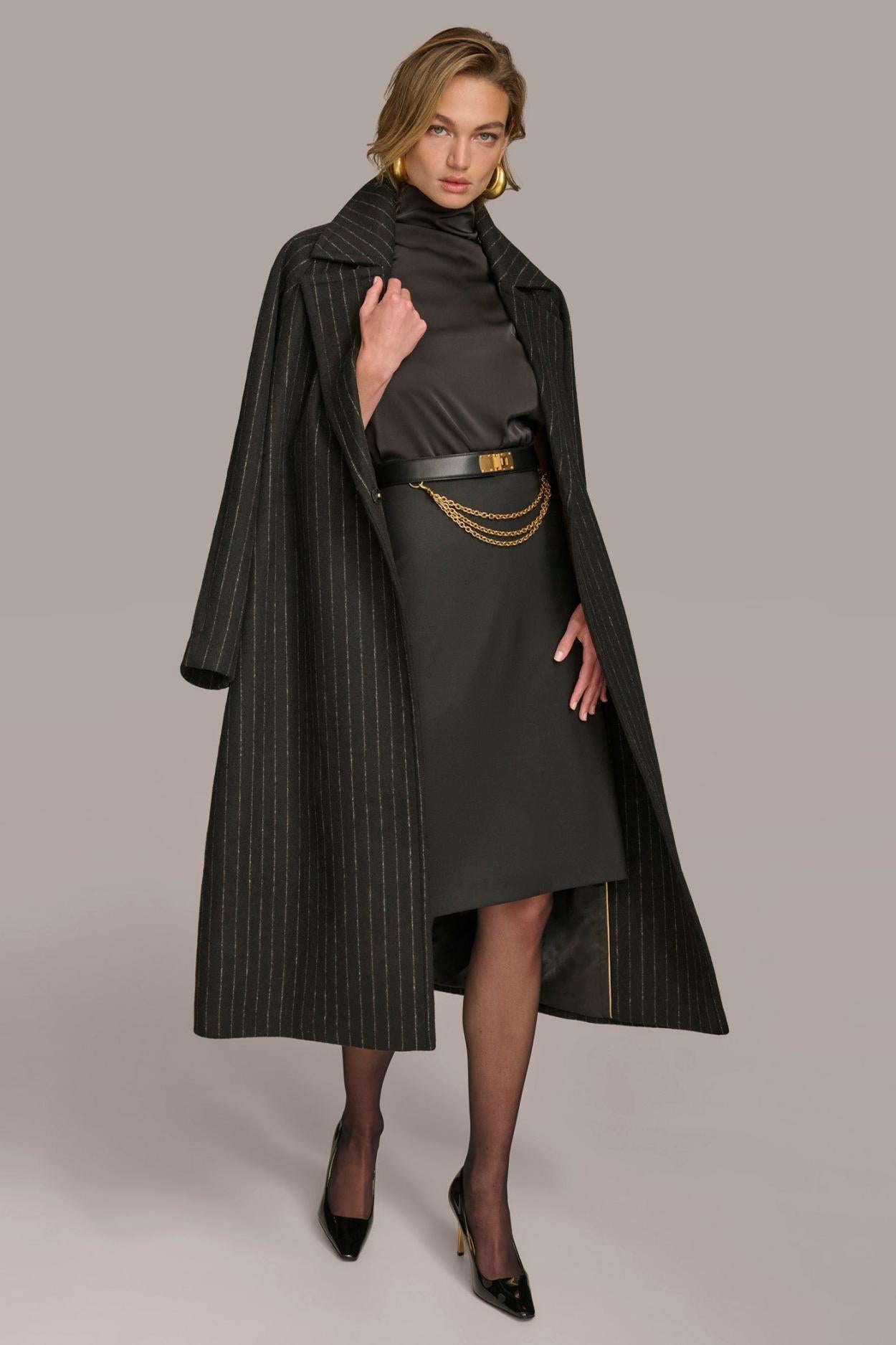 Donna Karan Coats And Jackets | Women WOOL LONG COAT Chalk/black Stripe