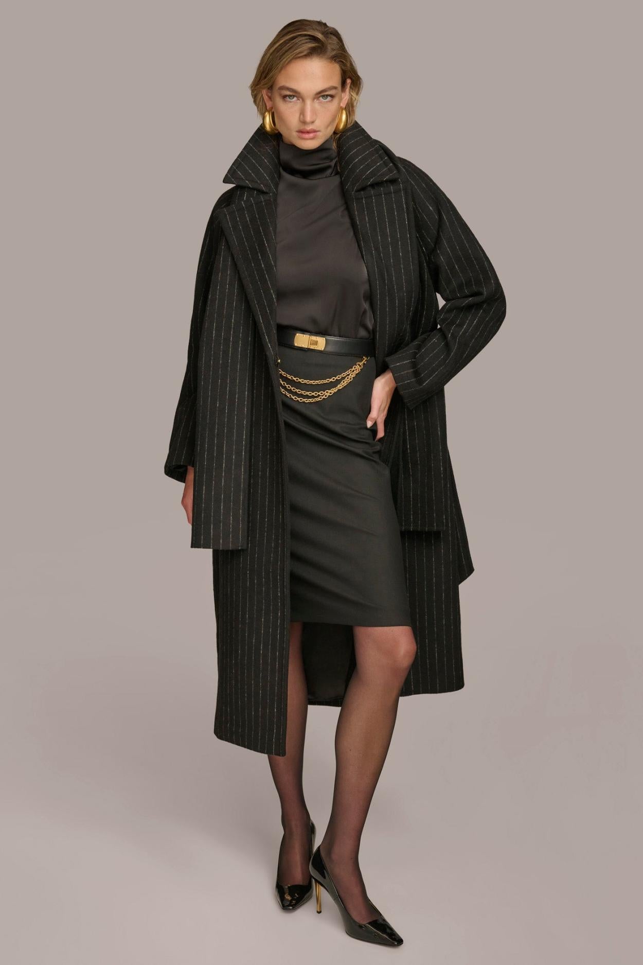 Donna Karan Coats And Jackets | Women WOOL LONG COAT Chalk/black Stripe