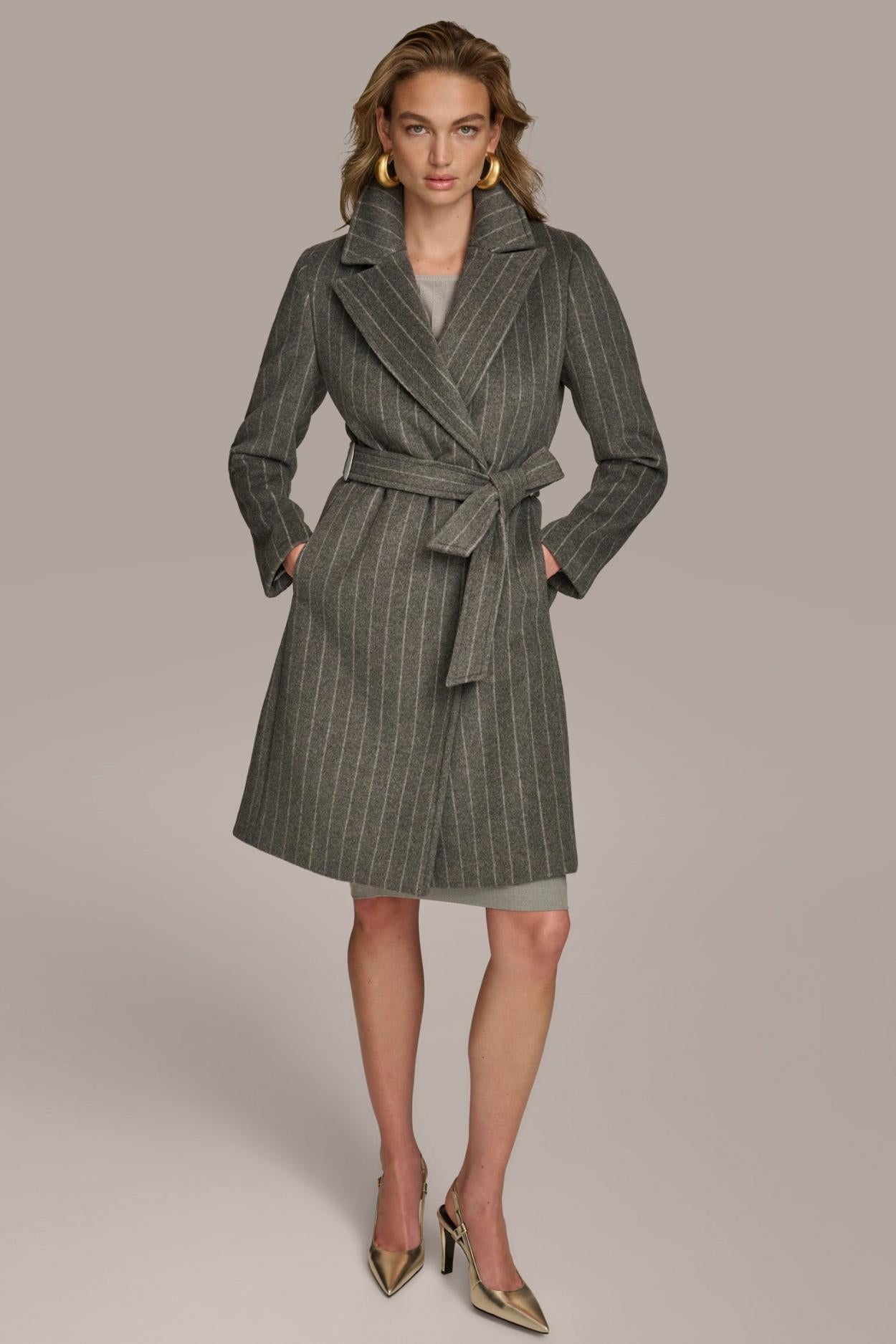 Donna Karan Coats And Jackets | Women WOOL LONG WRAP COAT Grey Pinstripe