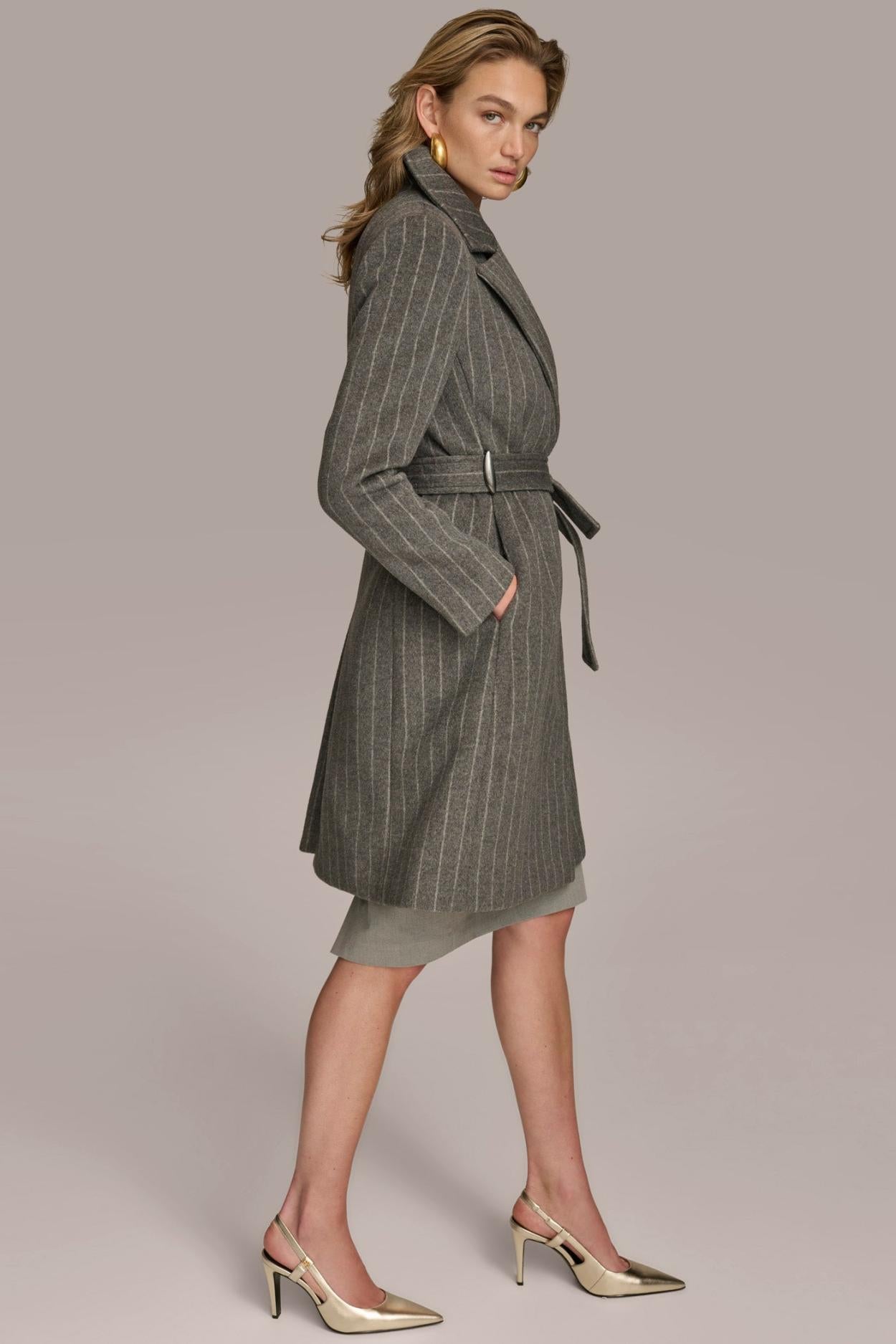 Donna Karan Coats And Jackets | Women WOOL LONG WRAP COAT Grey Pinstripe
