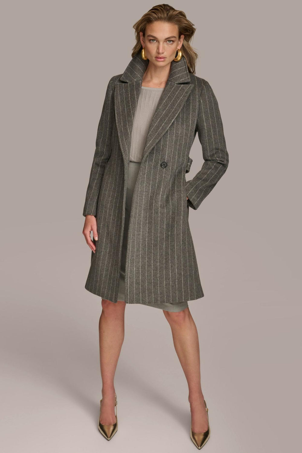 Donna Karan Coats And Jackets | Women WOOL LONG WRAP COAT Grey Pinstripe