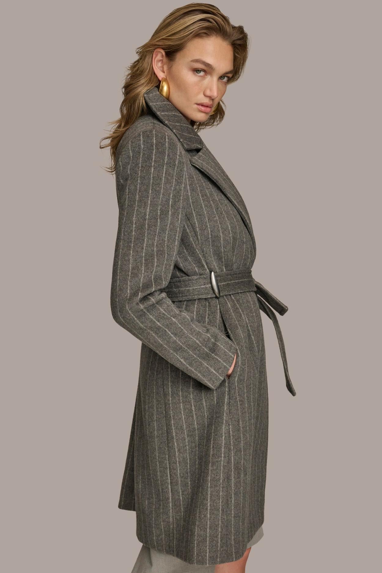Donna Karan Coats And Jackets | Women WOOL LONG WRAP COAT Grey Pinstripe
