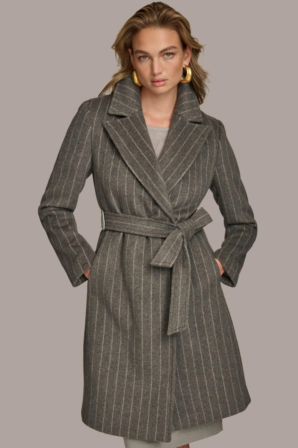 Donna Karan Coats And Jackets | Women WOOL LONG WRAP COAT Grey Pinstripe