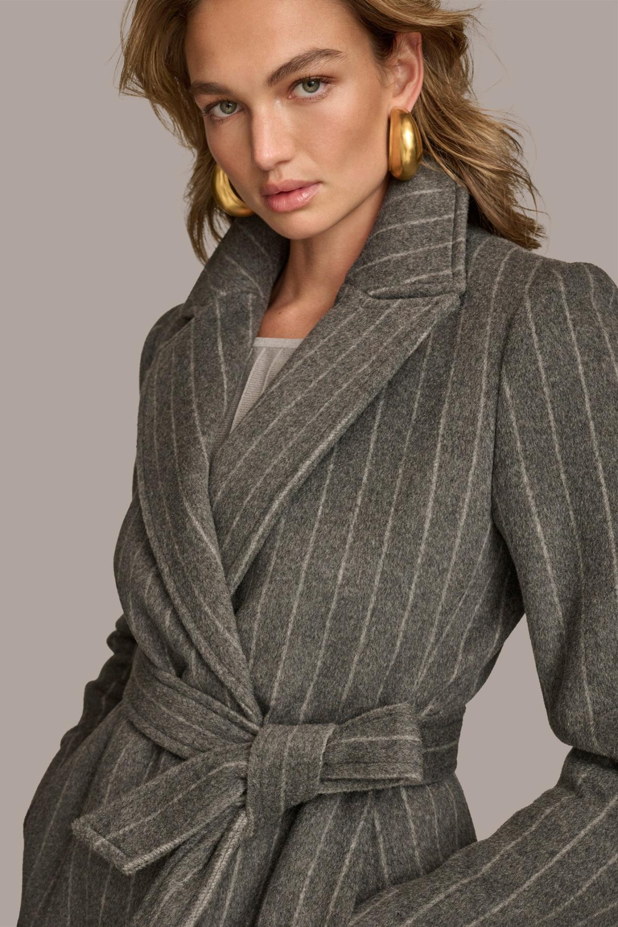 Donna Karan Coats And Jackets | Women WOOL LONG WRAP COAT Grey Pinstripe