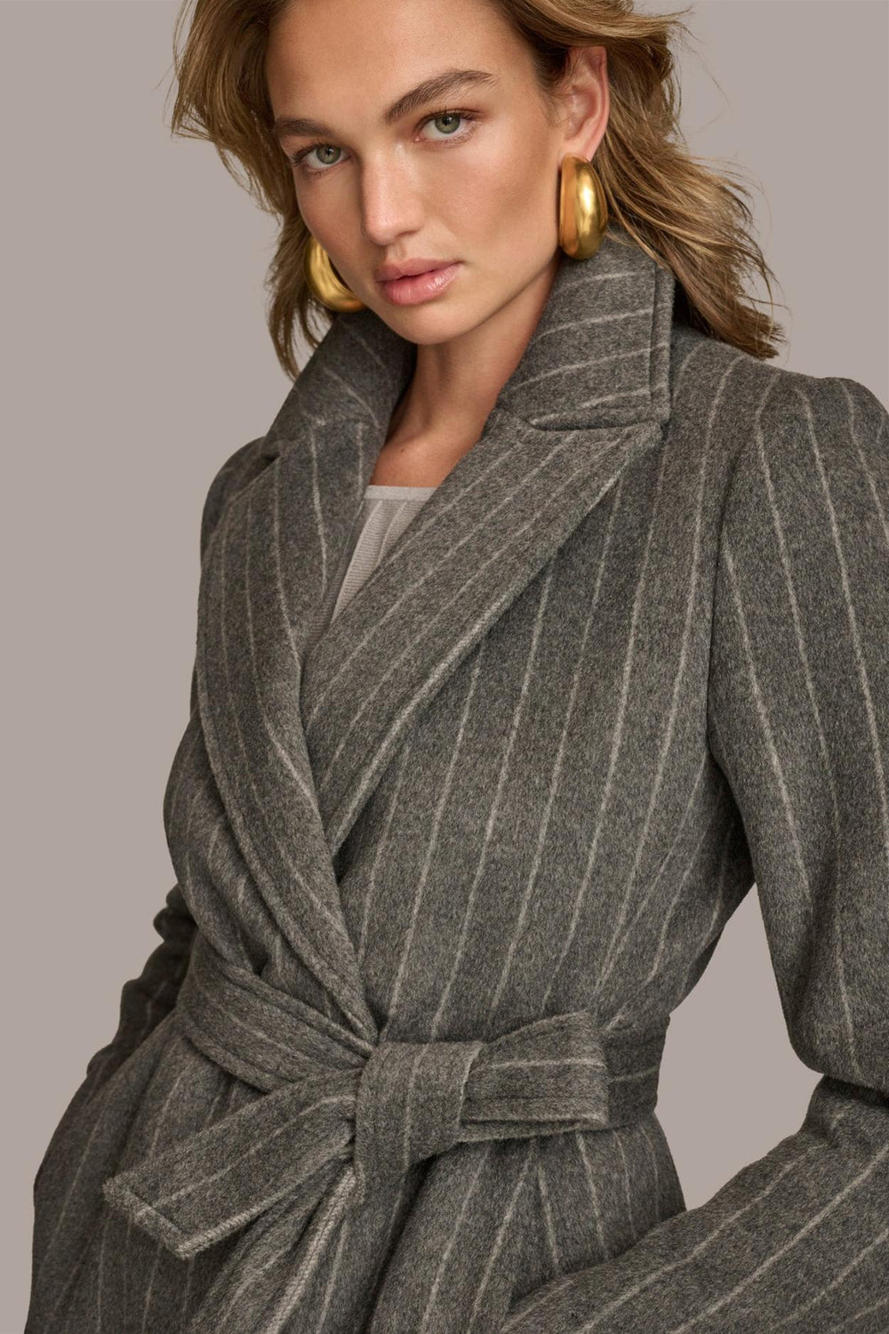 Donna Karan Coats And Jackets | Women WOOL LONG WRAP COAT Grey Pinstripe