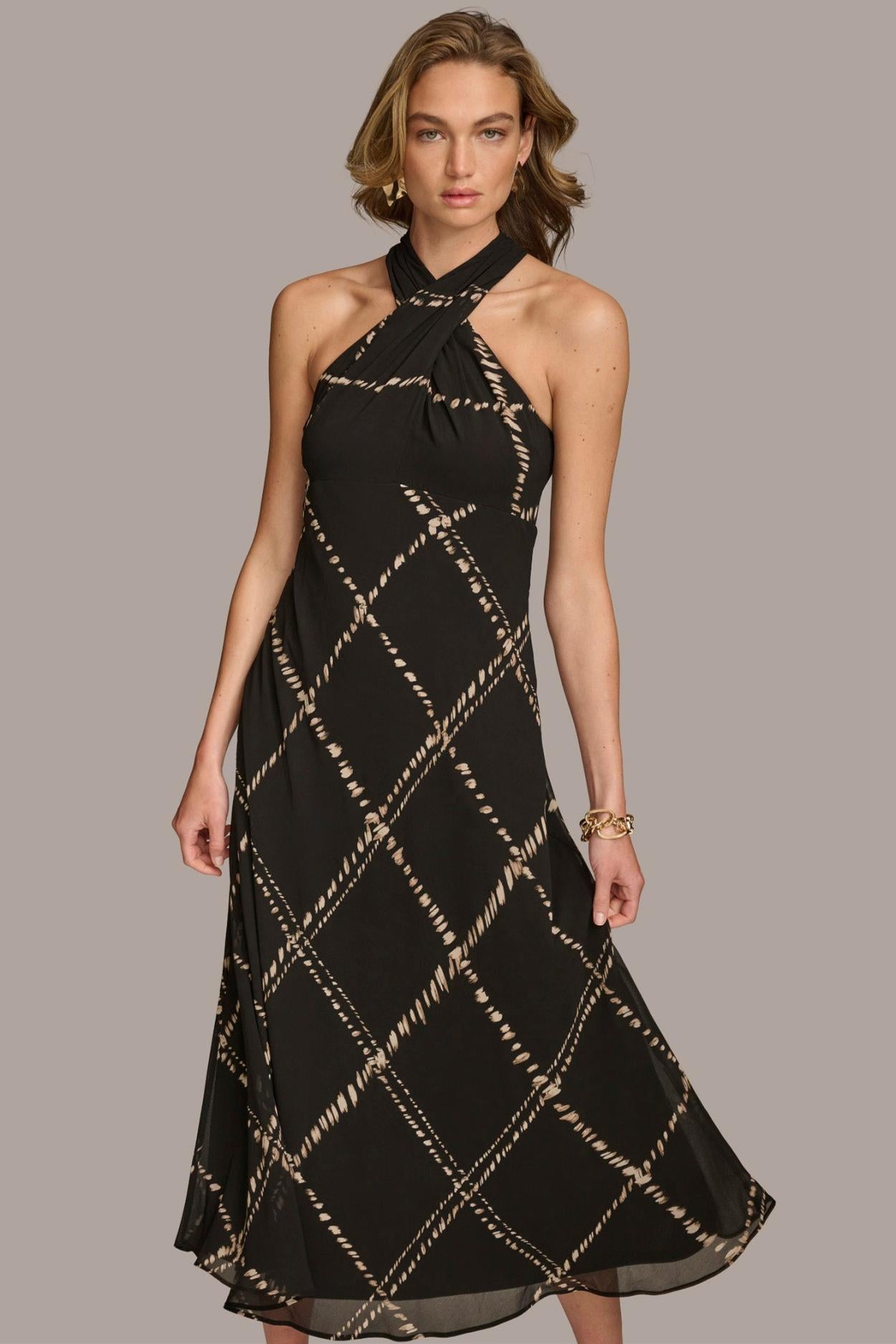 Donna Karan Dresses And Jumpsuits | Women CHIFFON HALTER MIDI DRESS Black/sand Multi