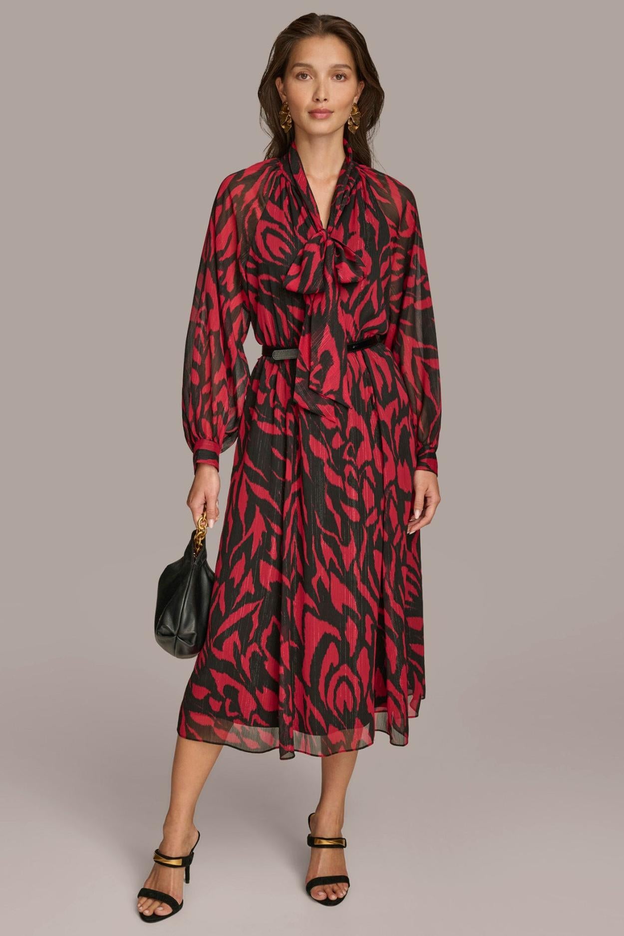 Donna Karan Dresses And Jumpsuits | Women CHIFFON SHIRT DRESS MIDI WITH BELT Red/black Multi