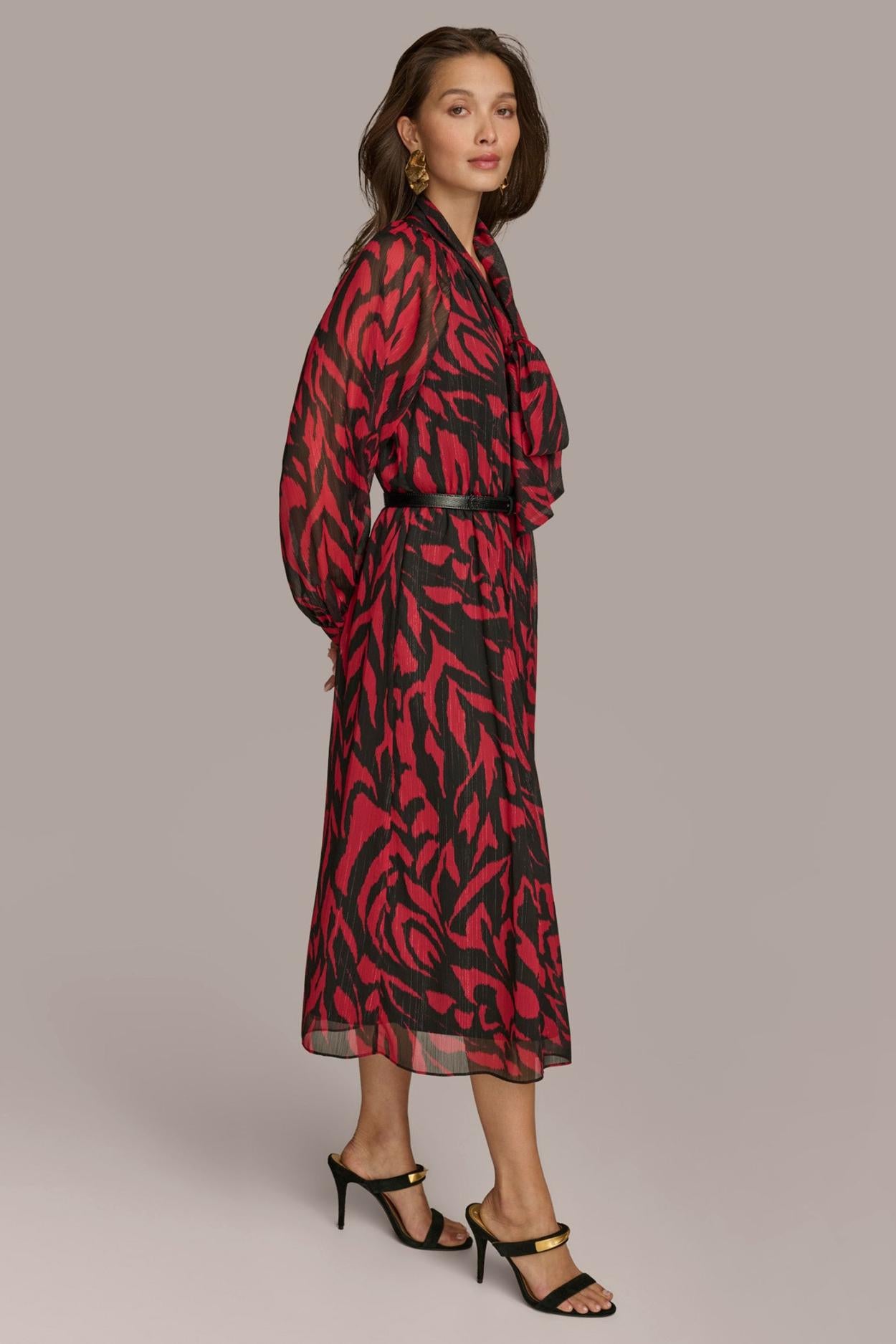 Donna Karan Dresses And Jumpsuits | Women CHIFFON SHIRT DRESS MIDI WITH BELT Red/black Multi