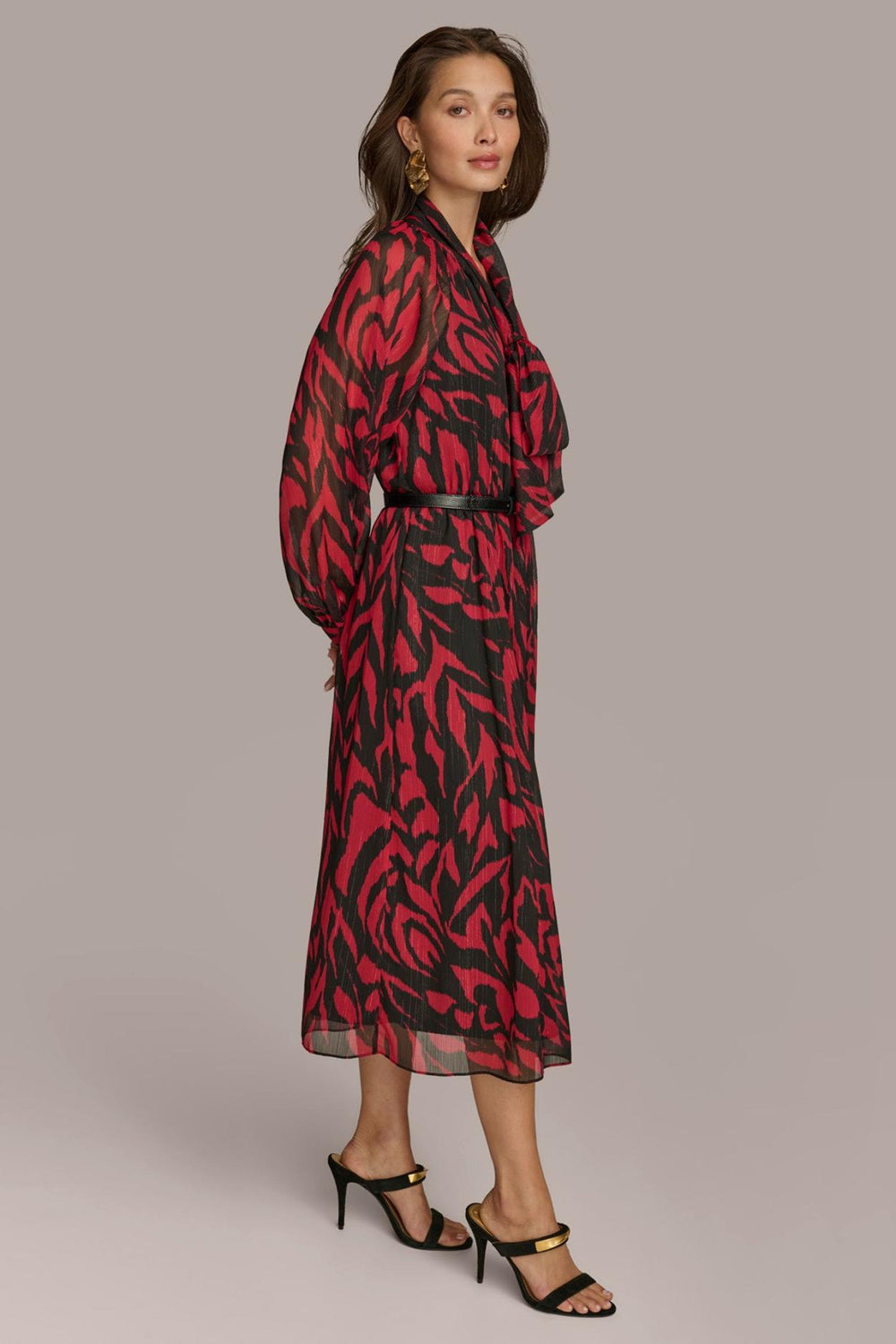 Donna Karan Dresses And Jumpsuits | Women CHIFFON SHIRT DRESS MIDI WITH BELT Red/black Multi
