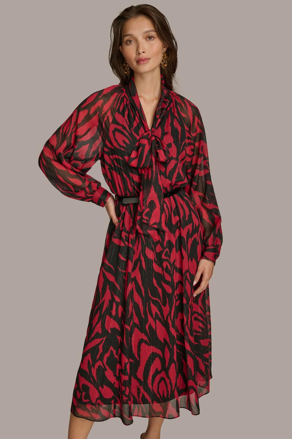 Donna Karan Dresses And Jumpsuits | Women CHIFFON SHIRT DRESS MIDI WITH BELT Red/black Multi