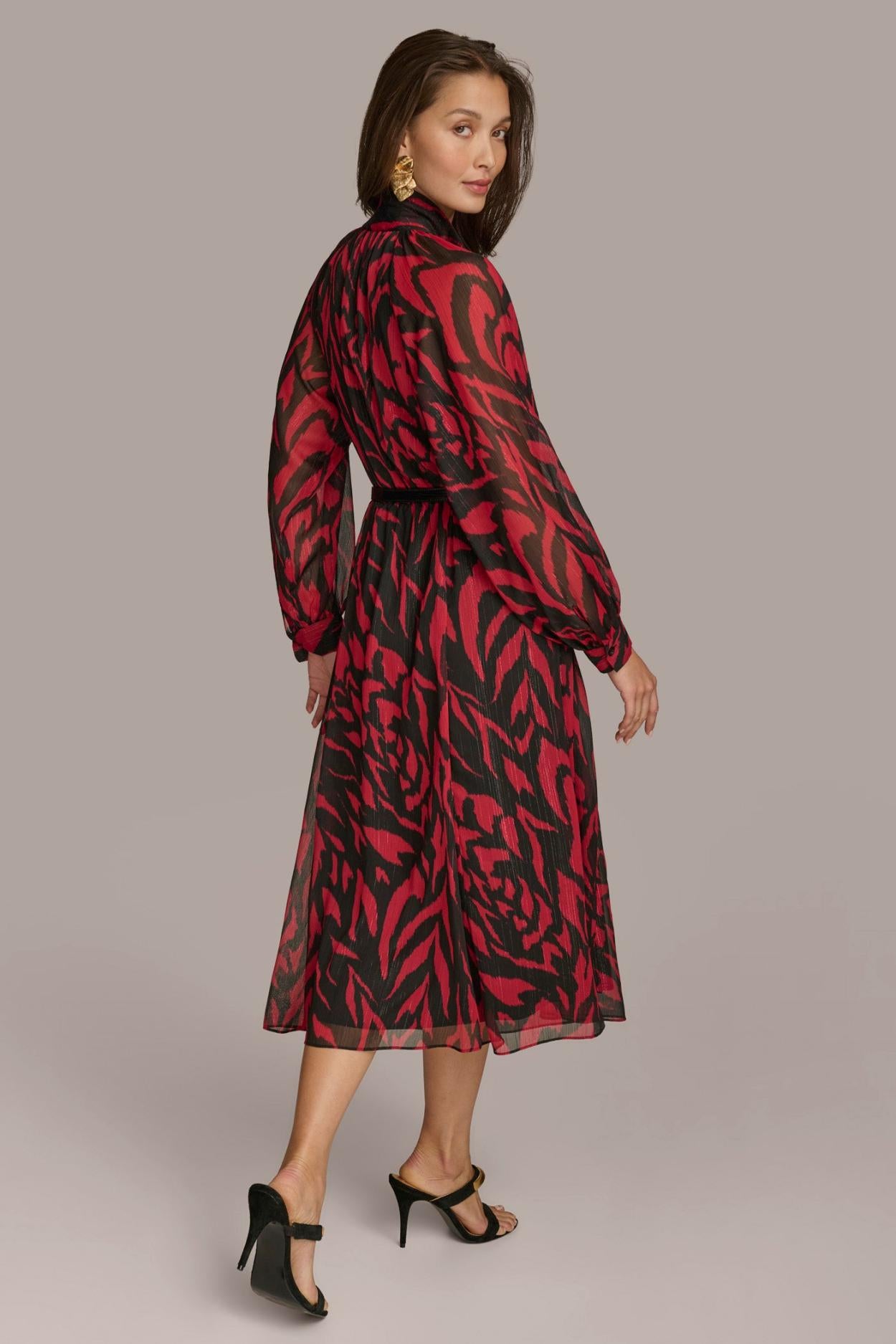 Donna Karan Dresses And Jumpsuits | Women CHIFFON SHIRT DRESS MIDI WITH BELT Red/black Multi