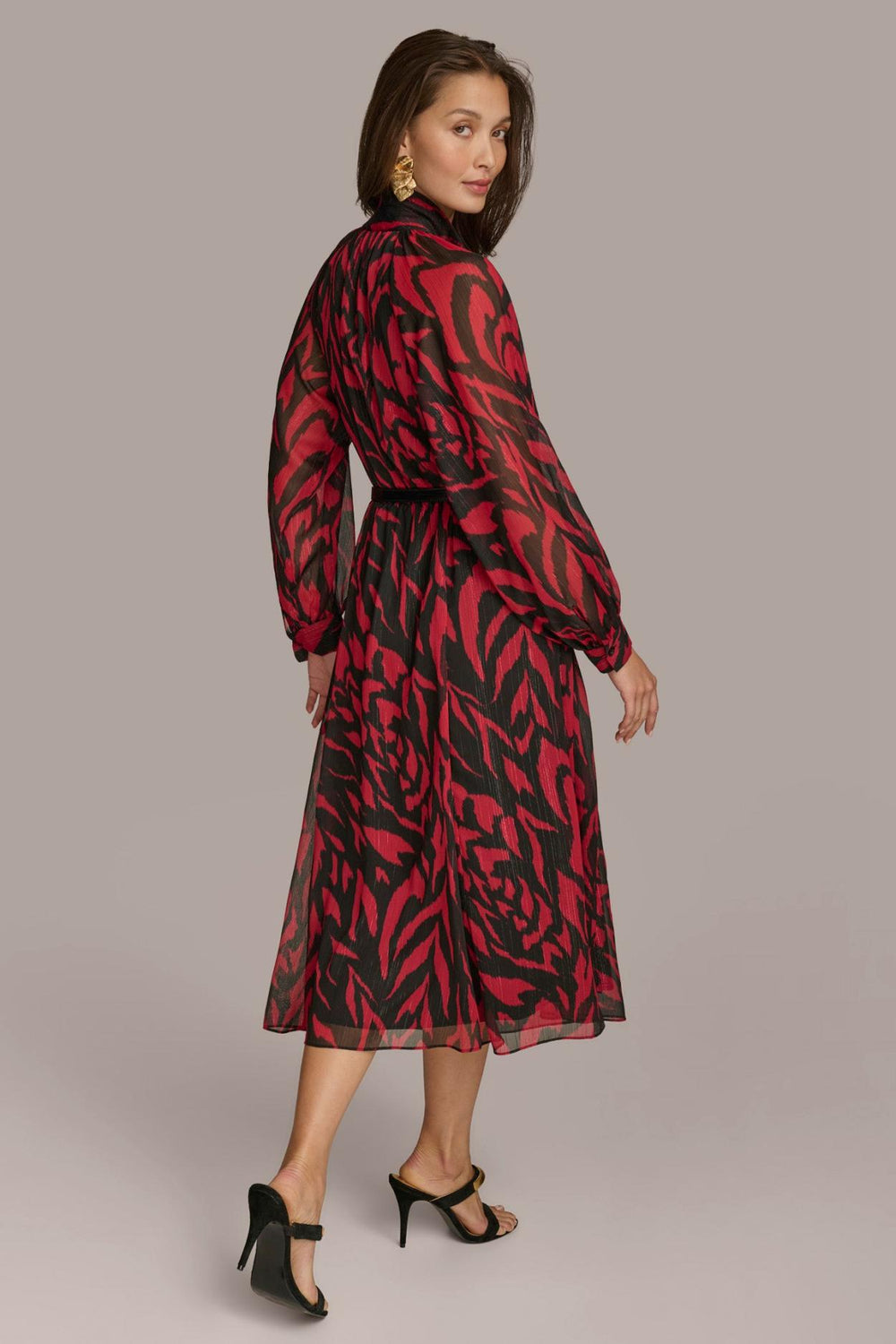 Donna Karan Dresses And Jumpsuits | Women CHIFFON SHIRT DRESS MIDI WITH BELT Red/black Multi
