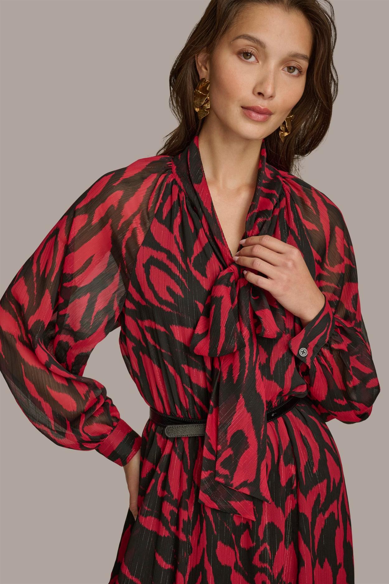 Donna Karan Dresses And Jumpsuits | Women CHIFFON SHIRT DRESS MIDI WITH BELT Red/black Multi