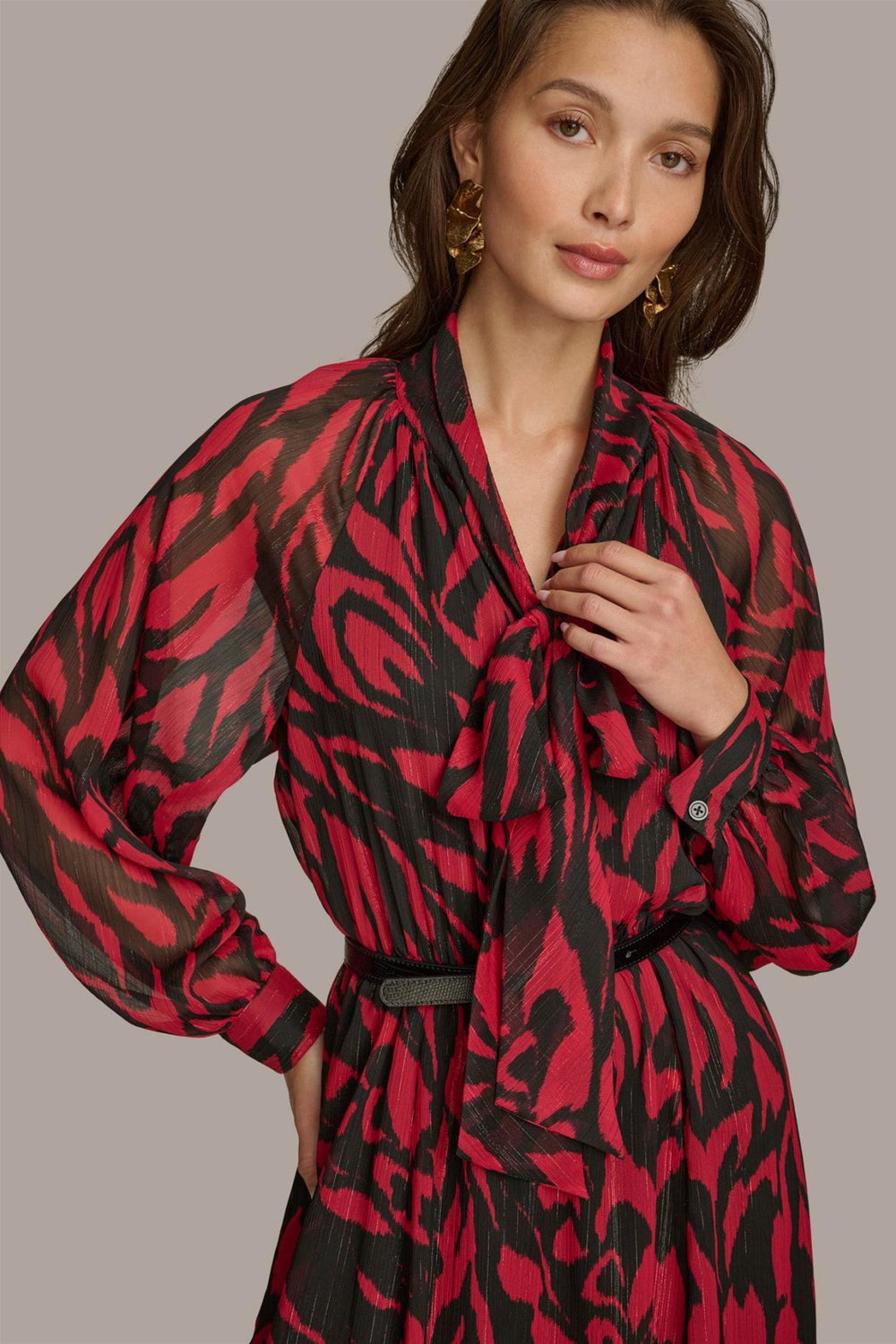 Donna Karan Dresses And Jumpsuits | Women CHIFFON SHIRT DRESS MIDI WITH BELT Red/black Multi