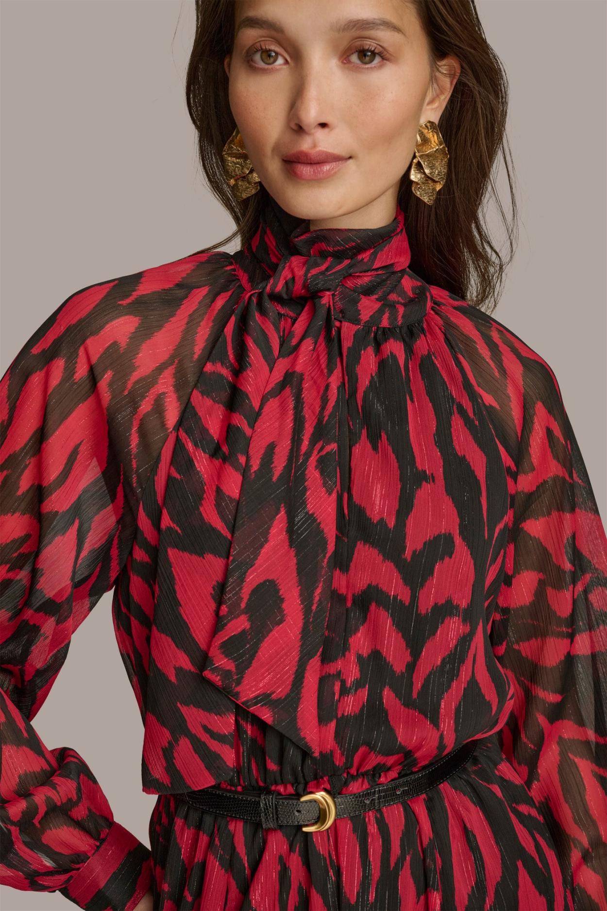 Donna Karan Dresses And Jumpsuits | Women CHIFFON SHIRT DRESS MIDI WITH BELT Red/black Multi