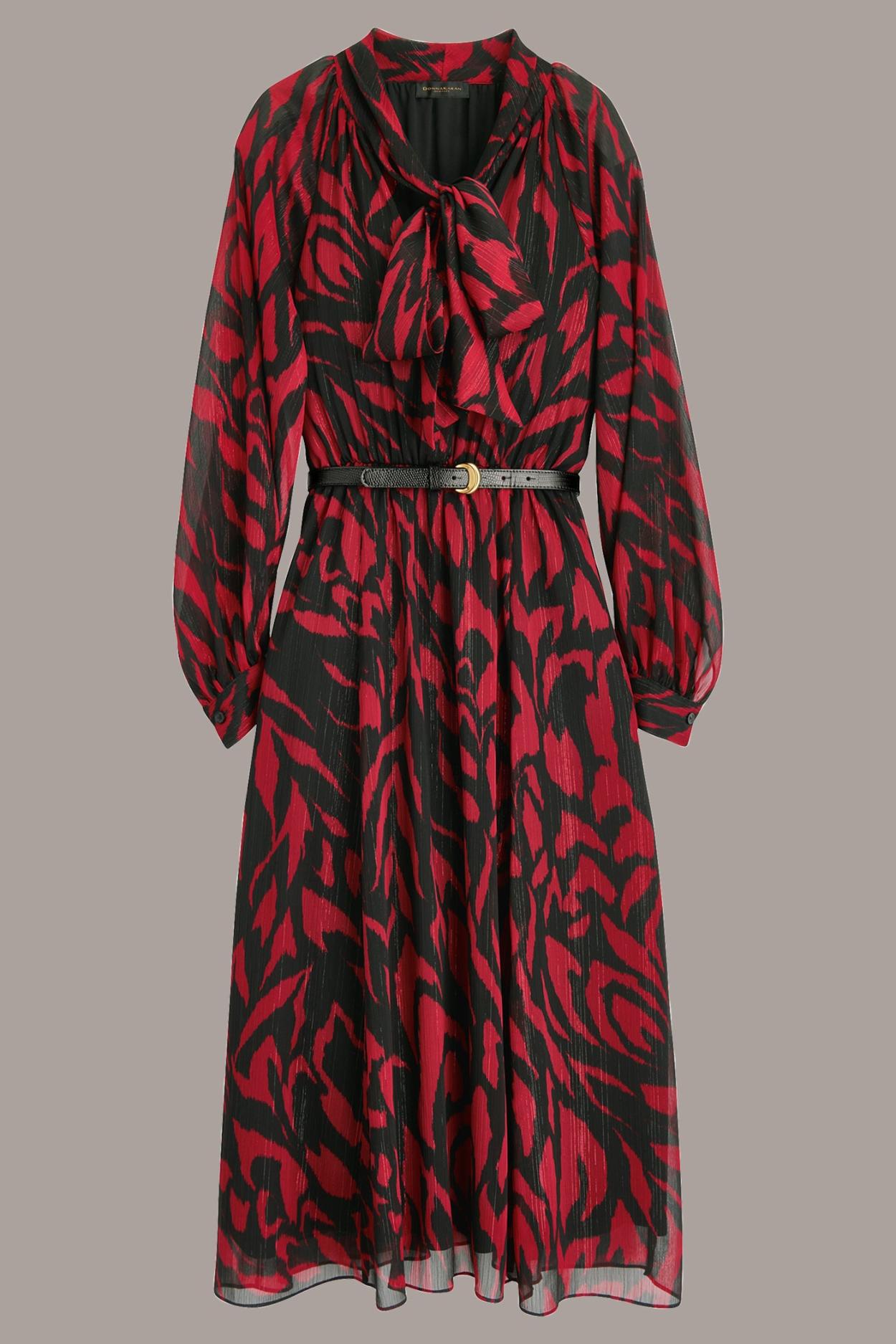 Donna Karan Dresses And Jumpsuits | Women CHIFFON SHIRT DRESS MIDI WITH BELT Red/black Multi